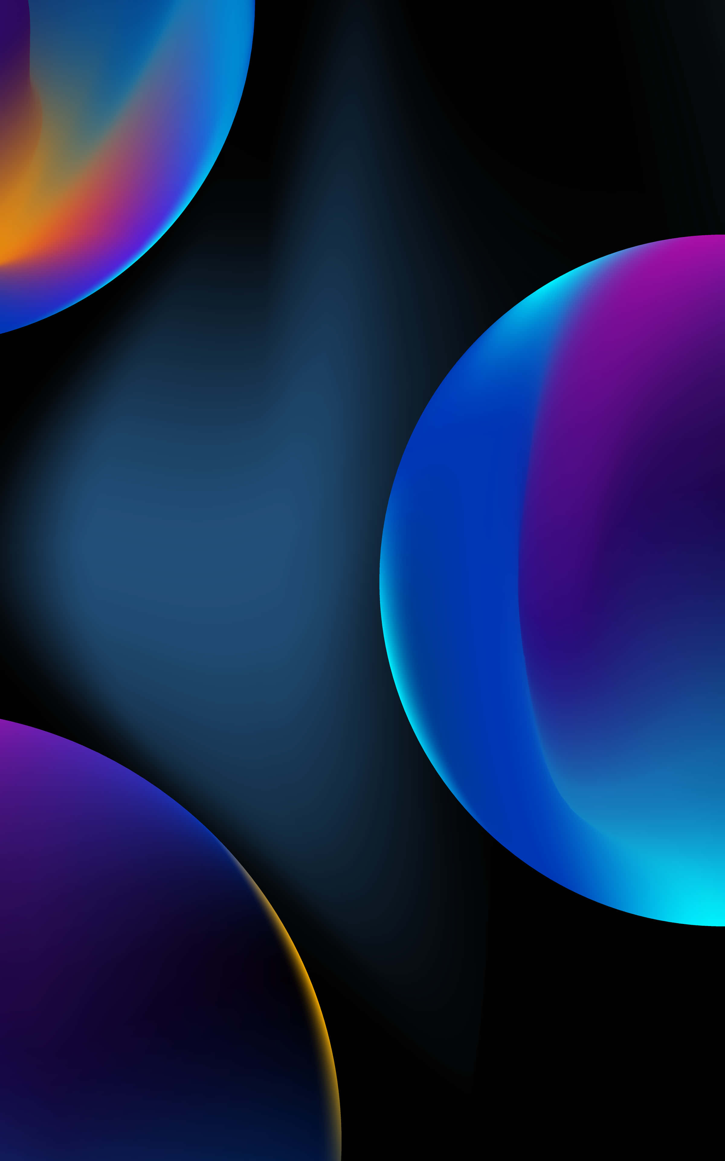 藍色 iPhone XR 紫色圓圈壁紙 壁紙 — 藍色、紫色和橙色的鮮豔發光球體漂浮在深色漸變背景上。