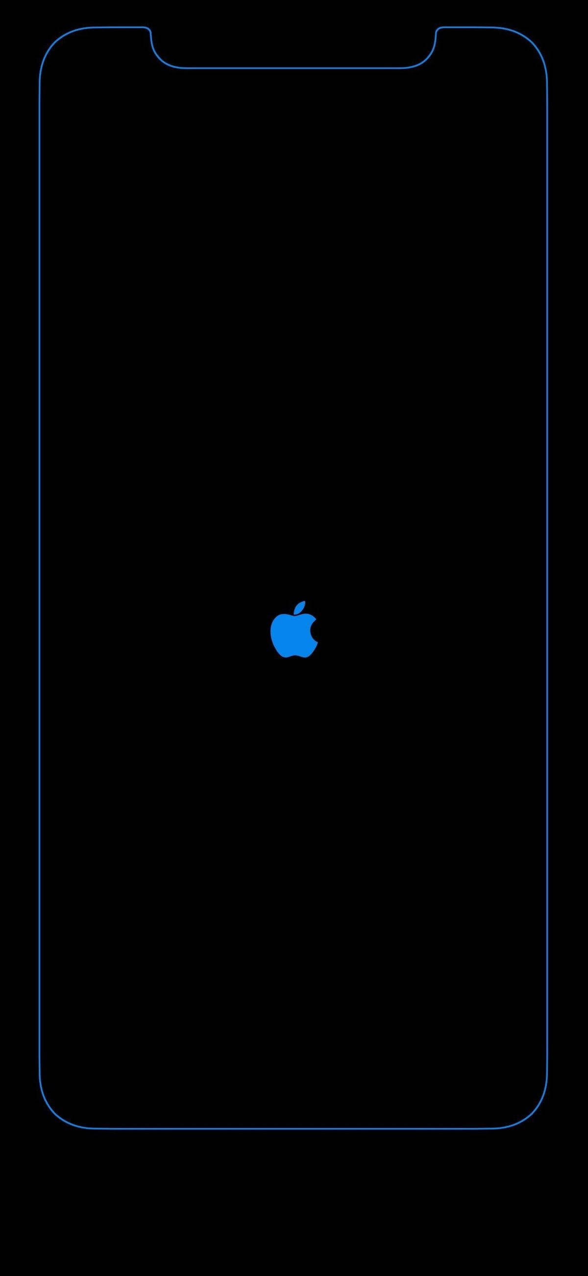 iPhone XR 紅色藍色蘋果標誌與邊框壁紙 壁紙 — 一個極簡的智能手機屏幕輪廓在黑色背景上發光，中央有一個藍色Apple標誌。