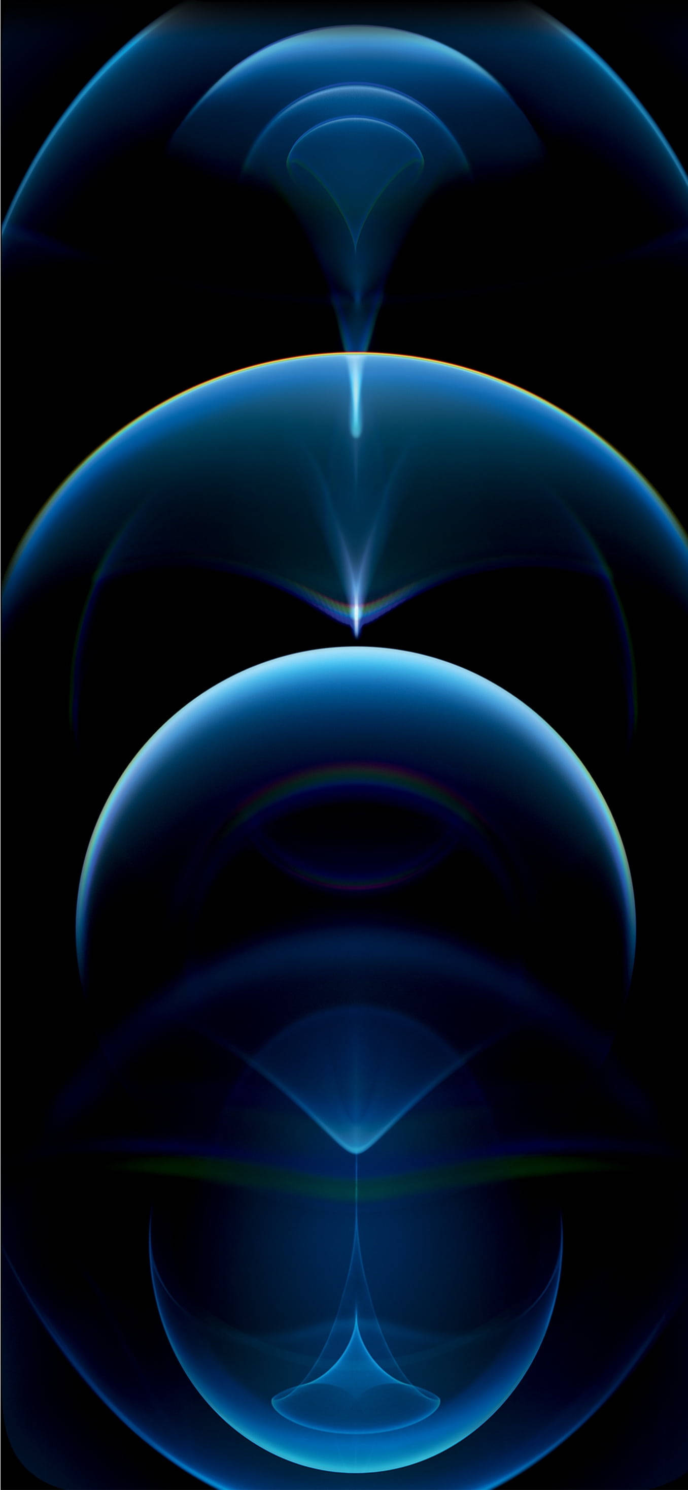 iPhone XR 紅色藍色重複氣泡 壁紙 — 抽象發光藍色球體垂直漂浮在黑色背景上，帶有放射狀光線條紋。