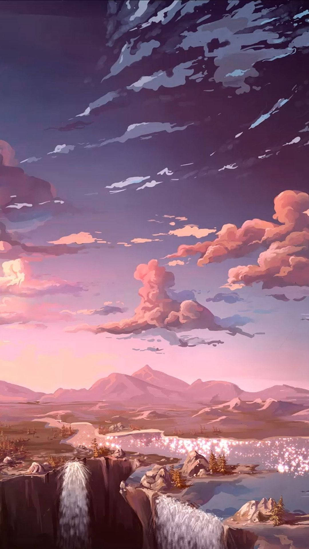 粉紫色黃昏天空下，發光瀑布的山谷。