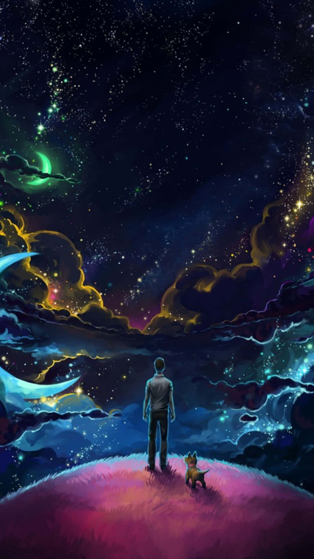 山丘上的男人和狗，在星光燦爛的宇宙天空下，有發光的雲和月亮。
