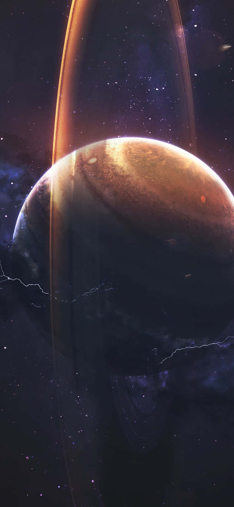 一顆發光的環狀行星，太空中閃電交加，周圍環繞著星星