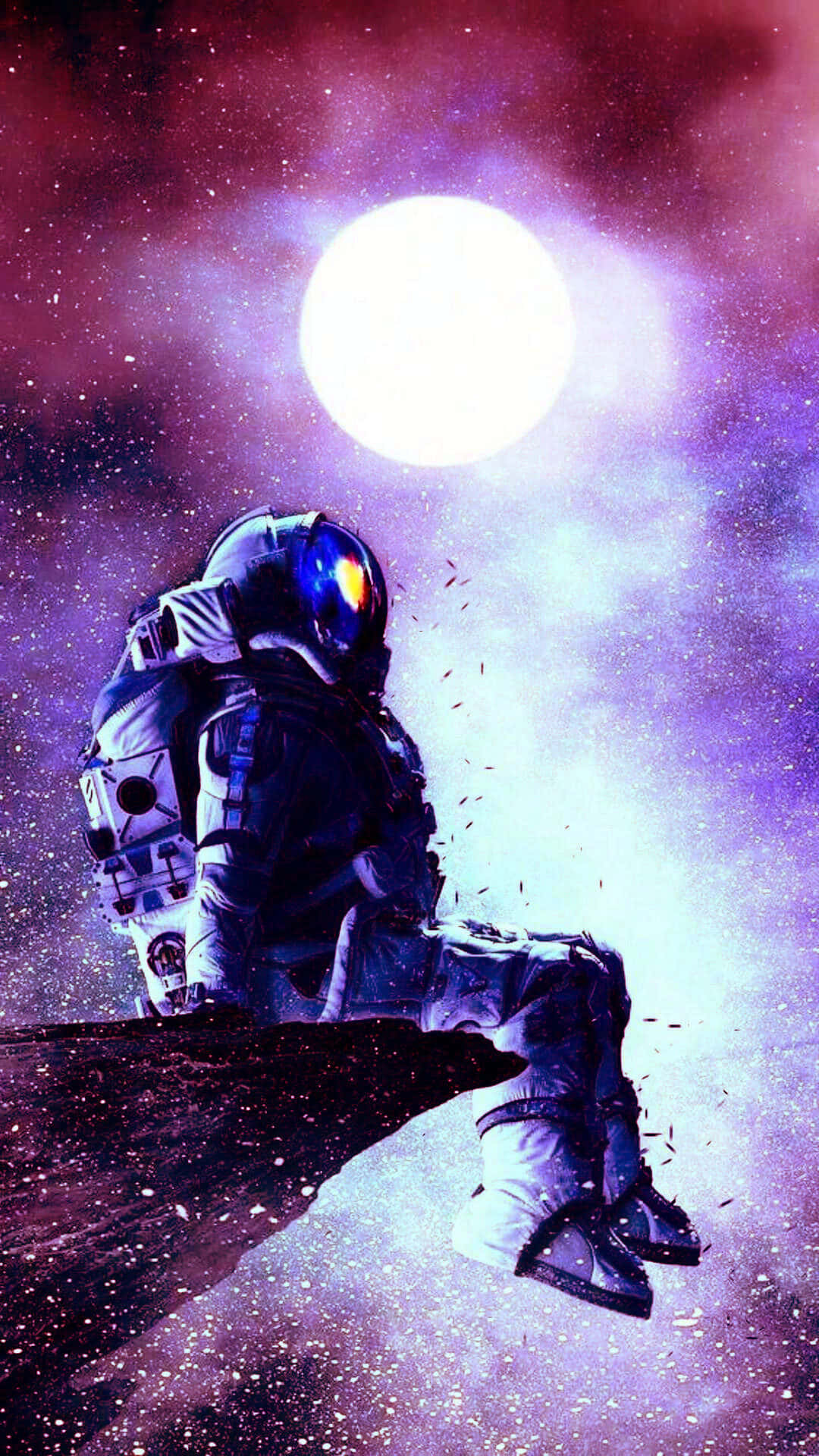 一個孤獨的太空人坐在太空懸崖邊緣，在明亮的太陽下，被紫色星雲包圍。