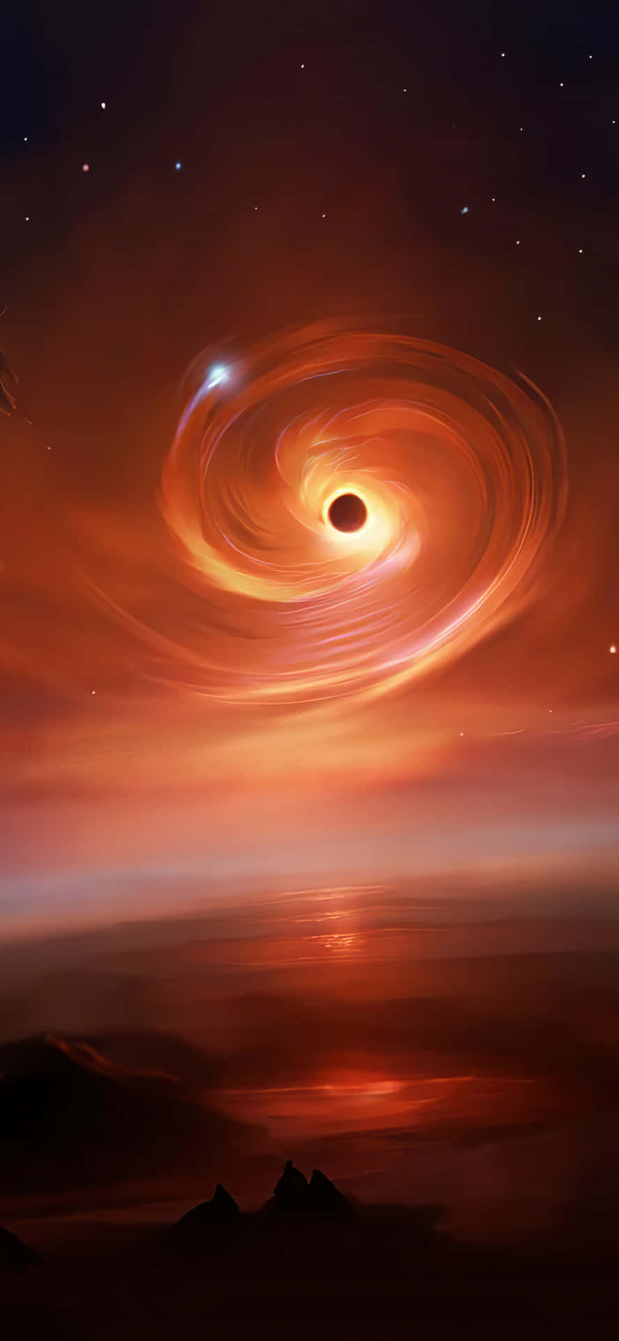 黑洞在星空下於山脈剪影上方帶有發光橙色圓盤