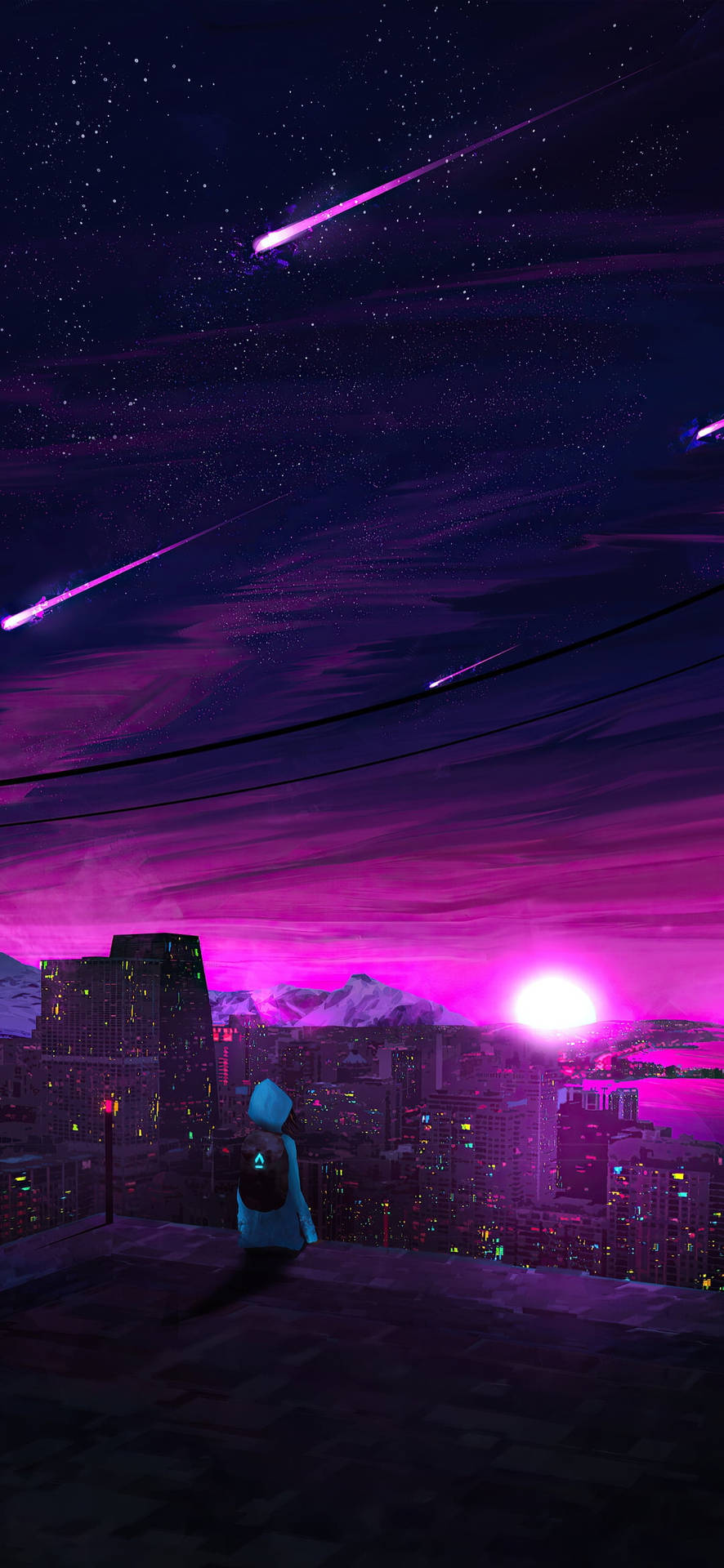 穿著連帽衫的人俯瞰夜晚發光的城市，紫色天空和流星。