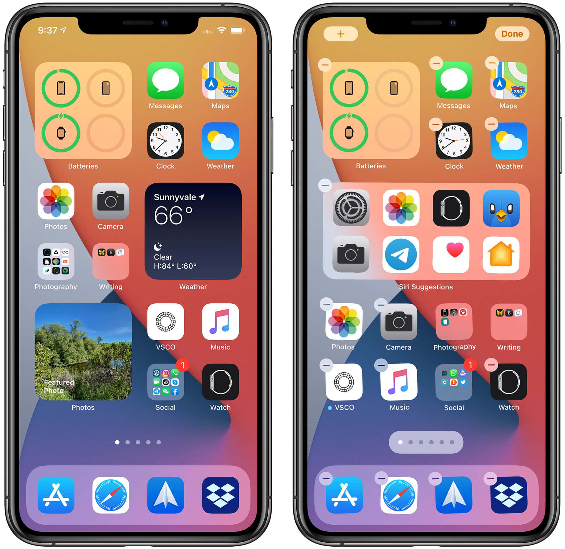 兩部 iPhone 顯示主畫面，包含應用程式圖示和天氣小工具。 — 主螢幕 壁紙