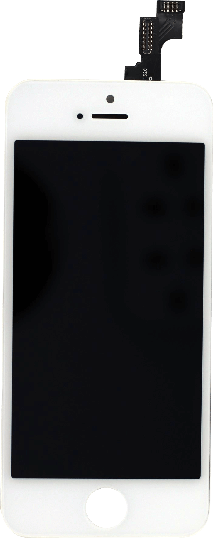 白色iPhone螢幕更換 壁紙 — 白色iPhone屏幕組件，帶黑色顯示屏和可見的柔性電纜，背景為純黑色。