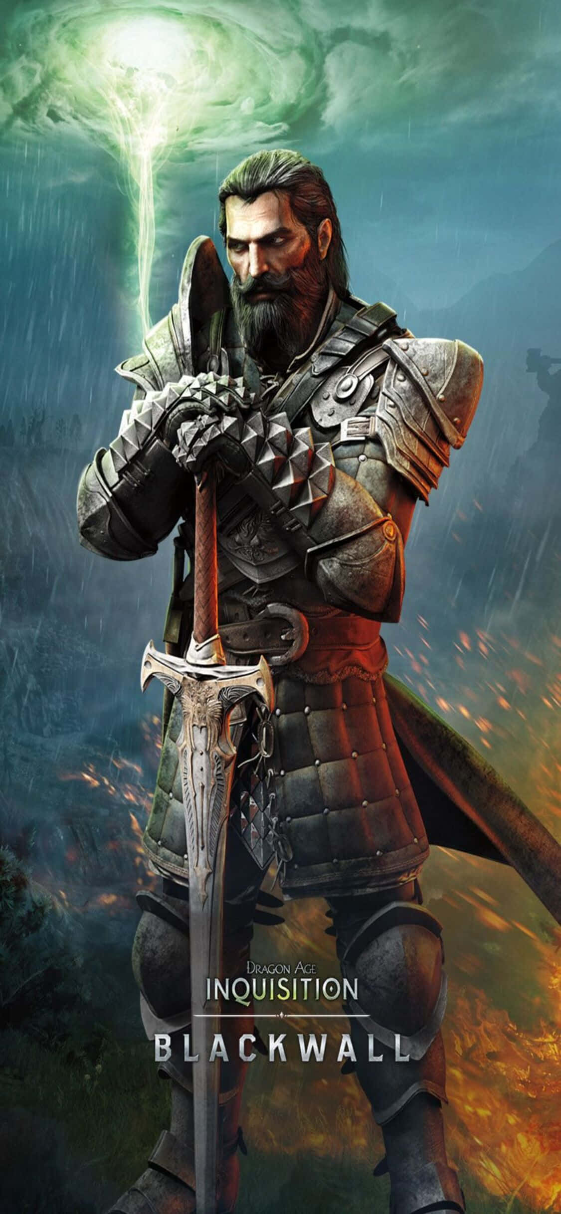 以 iPhone Xs 與《龍 Age 詢問》探索泰達斯世界 壁紙 — 一位留鬍鬚的騎士穿著華麗盔甲，在暴風雨的天空下，腳下是燃燒的大地，堅定地握著一把發光的劍。