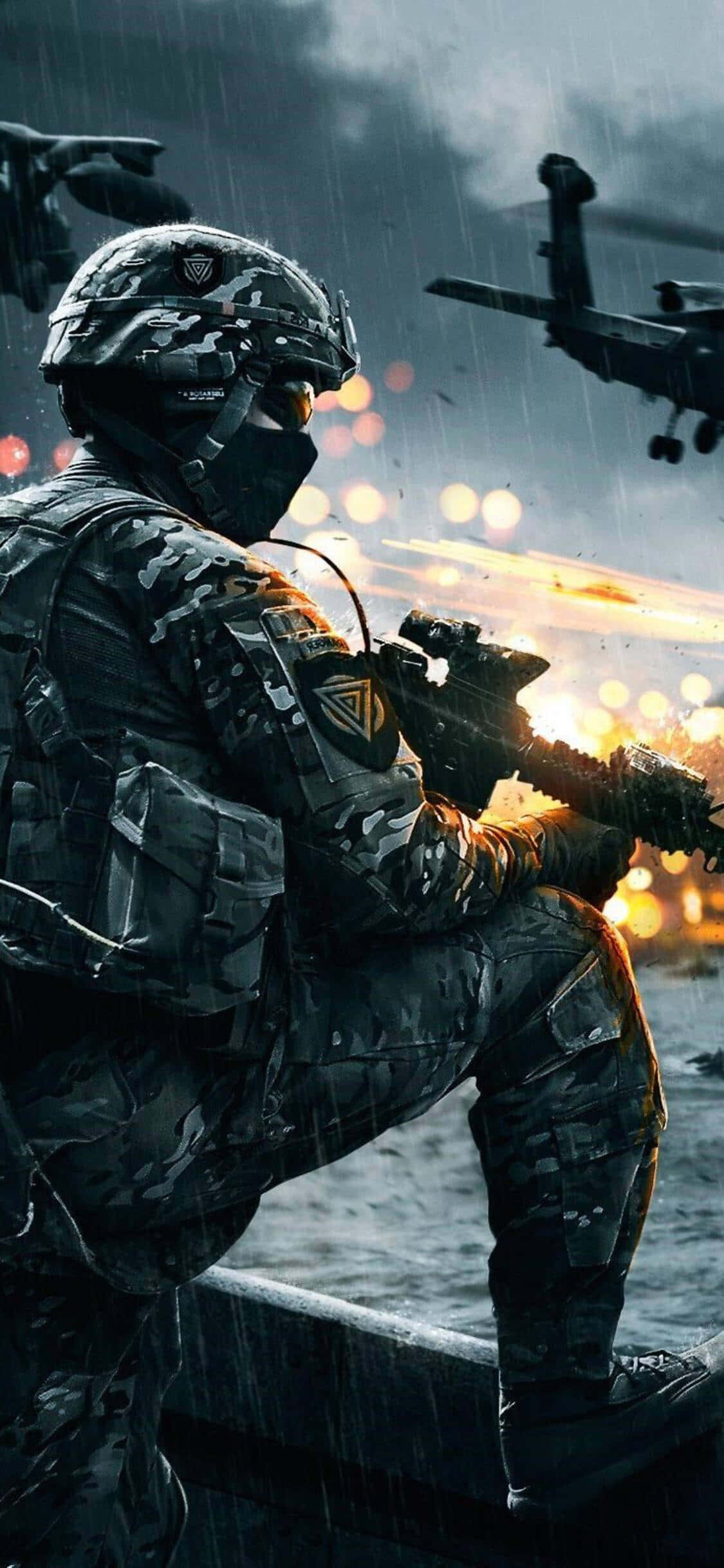 iPhone Xs Battlefield 4 飛行直升機戰場背景 壁紙 — 一名身穿迷彩裝備的士兵在雨中蹲下，一架直升機在頭頂飛過，背景是熾熱的戰場。