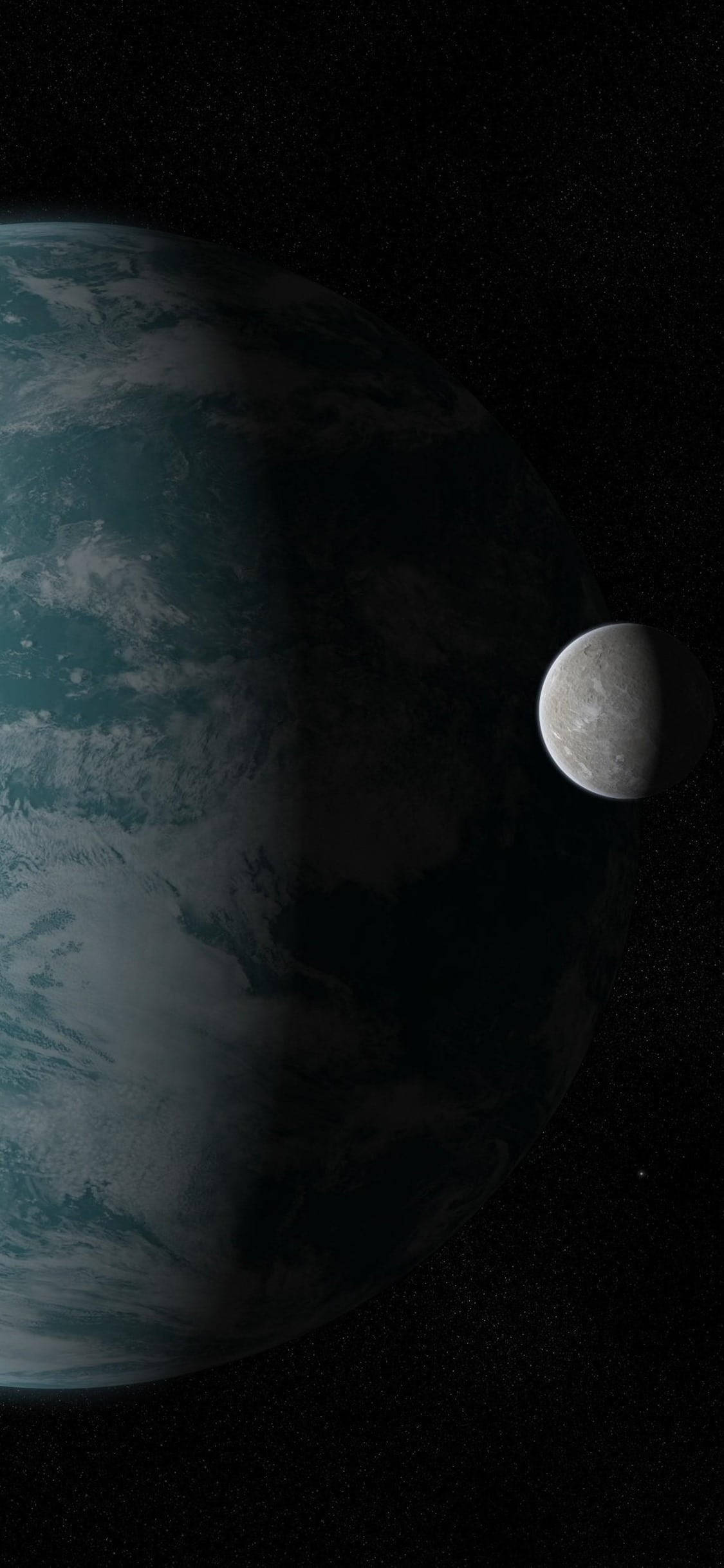 在 iPhone Xs 上探索宇宙 壁紙 — 一顆寧靜的藍色行星，帶有旋轉的雲層，被一顆小小的灰色衛星環繞，背景是佈滿星辰的黑色虛空。