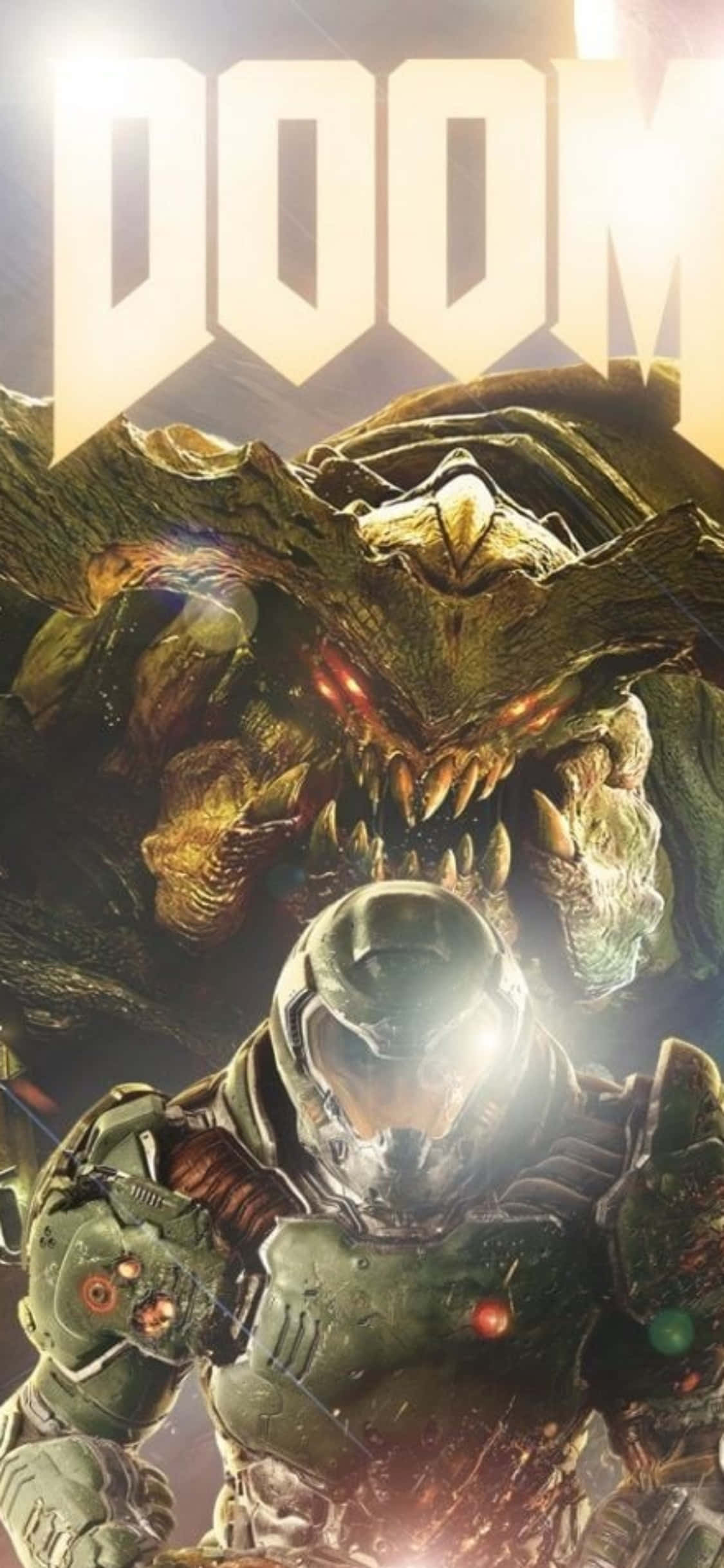 iPhone XS《Doom》Doomguy與怪物背景 壁紙 — 一名身穿綠色盔甲的士兵在DOOM標誌下，面對一隻眼睛發出紅光的恐怖惡魔。
