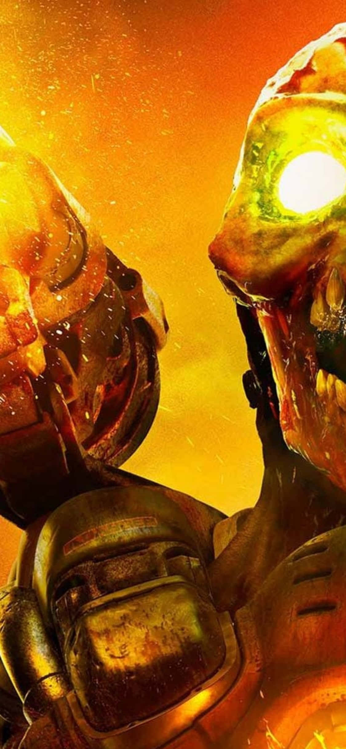 iPhone XS《Doom》火箭武器背景 壁紙 — 兩個裝甲人物在熾熱的橙色光芒中，眼睛發出綠色光芒，周圍火花飛濺。