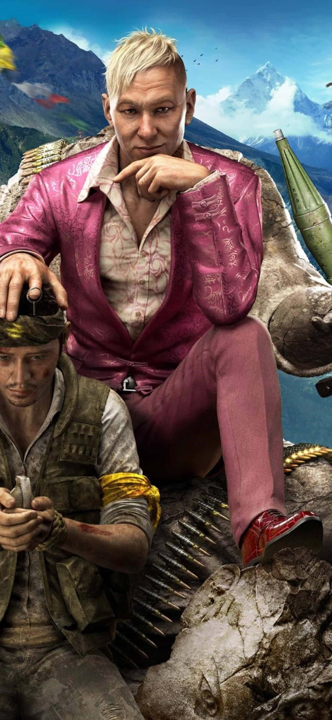 「透過最新 iPhone Xs 技術體驗 Far Cry 4」 壁紙 — 一個粗獷的男人穿著粉紅色西裝坐在山頂上，旁邊有一個士兵拿著手榴彈。