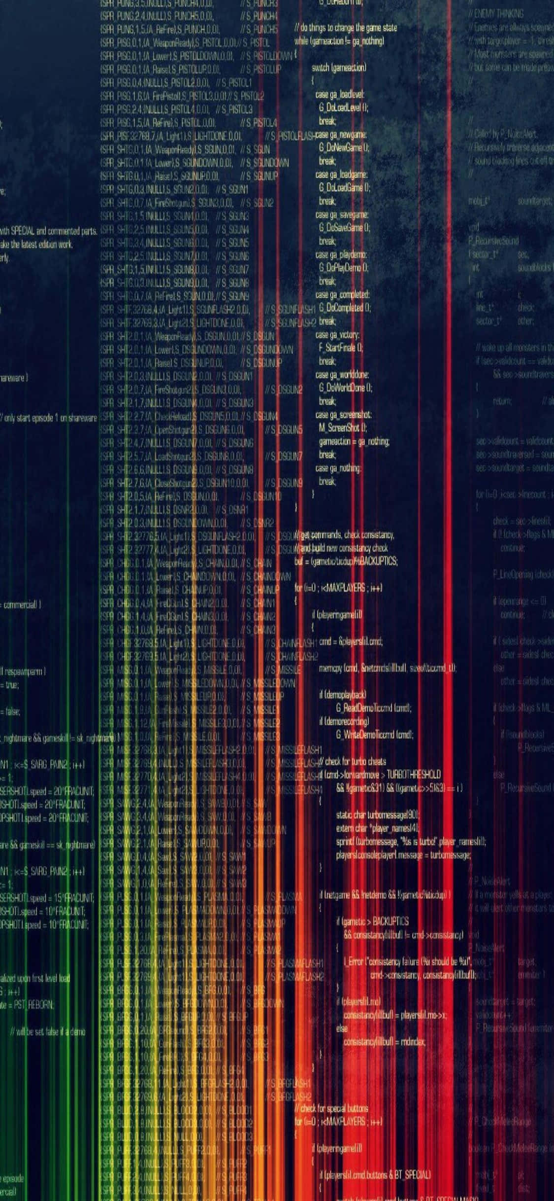 iPhone XS 編程背景帶故障效果 壁紙 — 鮮紅、鮮綠和鮮藍色的發光代碼垂直條紋，在深色數位背景上層疊流動。