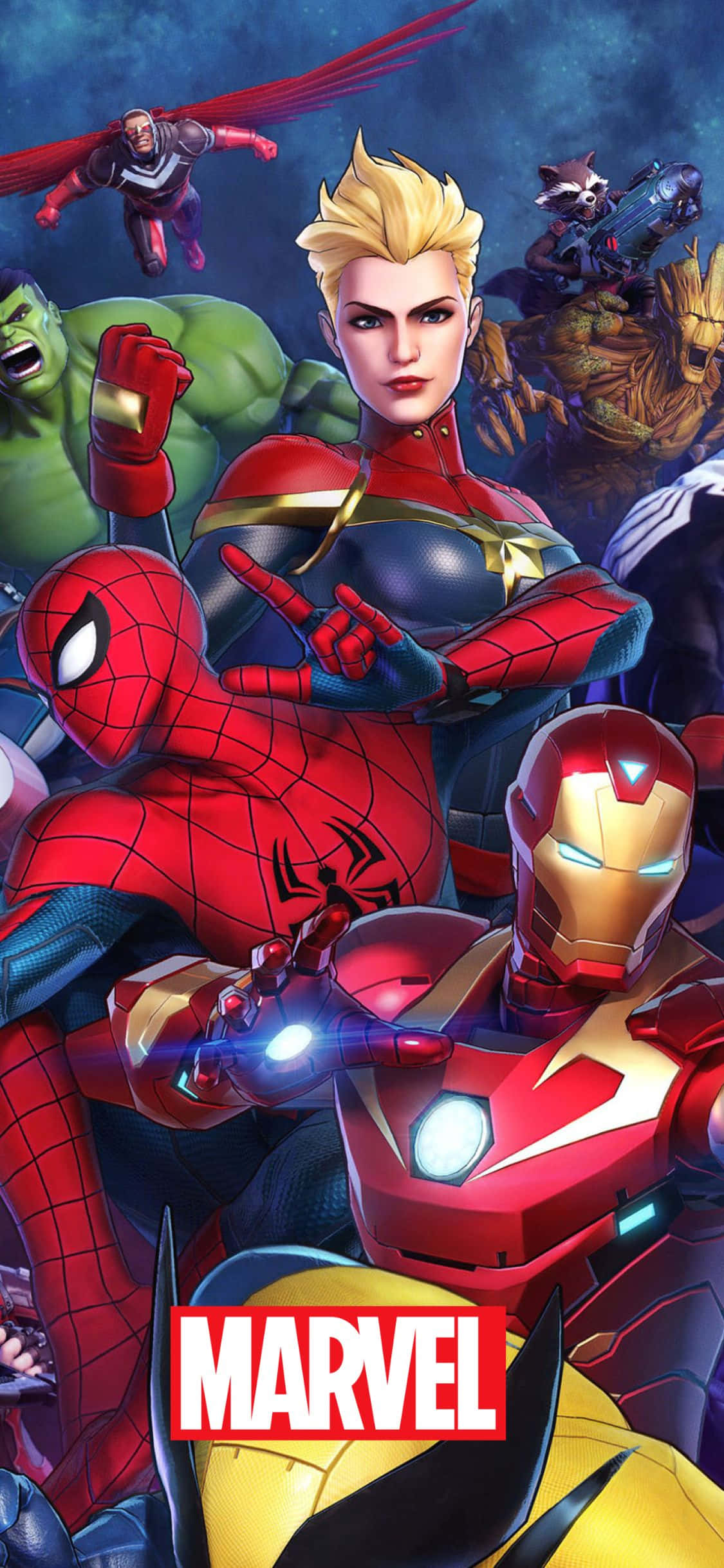 iPhone XS 多位超級英雄漫威壁紙 壁紙 — 動感十足的Marvel超級英雄如Captain Marvel和Iron Man，在帶有發光效果的宇宙背景下英勇地擺出姿勢。