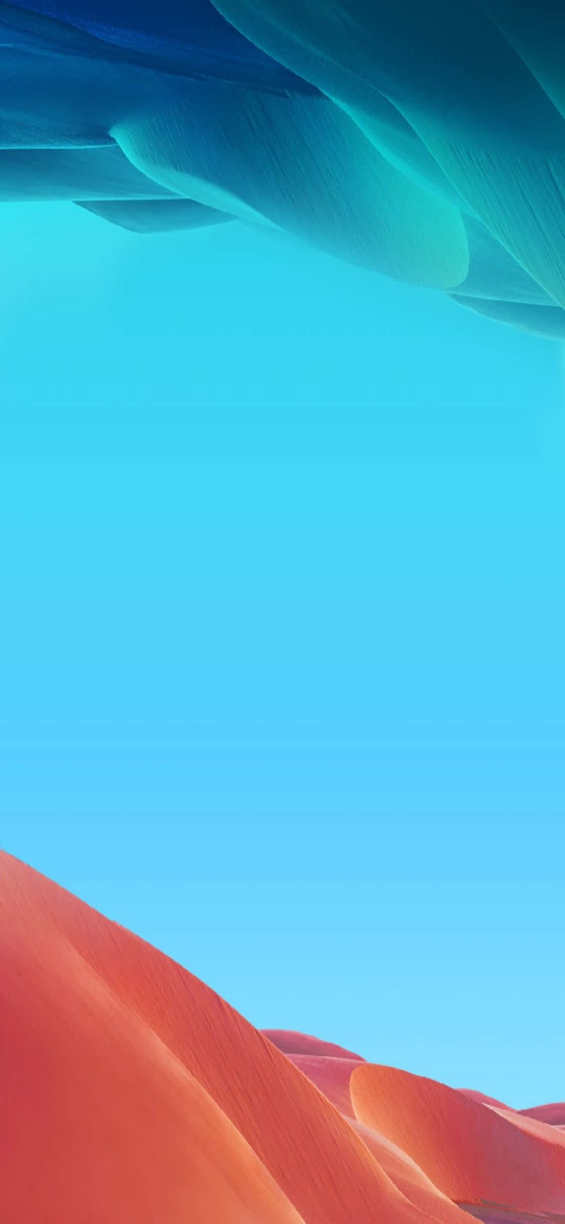 藍色沙丘 iPhone XS M 系列背景 壁紙 — 充滿活力的橙色沙丘在清澈的藍天下彎曲，上方有抽象的藍綠色雲層。