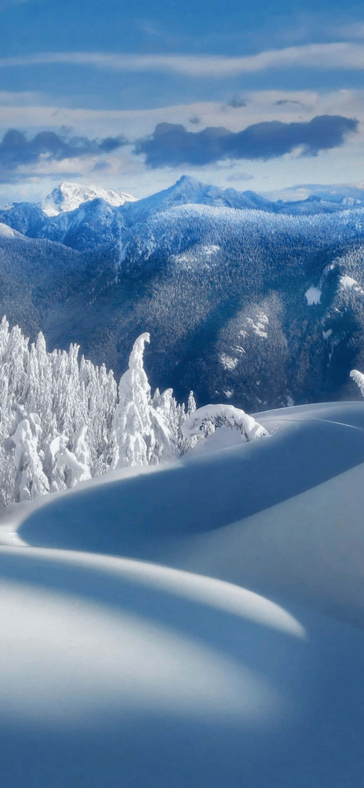 迷人冬日仙境背景 適合 iPhone XS Max 壁紙 — 令人驚嘆的冬季景色，白雪覆蓋的山脈和結霜的樹木，在明亮的藍天和零星雲朵下。