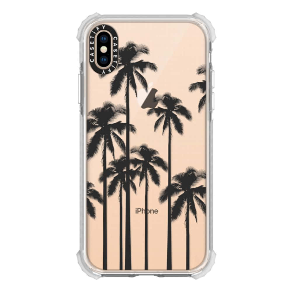 透明iPhone保護殼，蜜桃色背景上有黑色棕櫚樹剪影