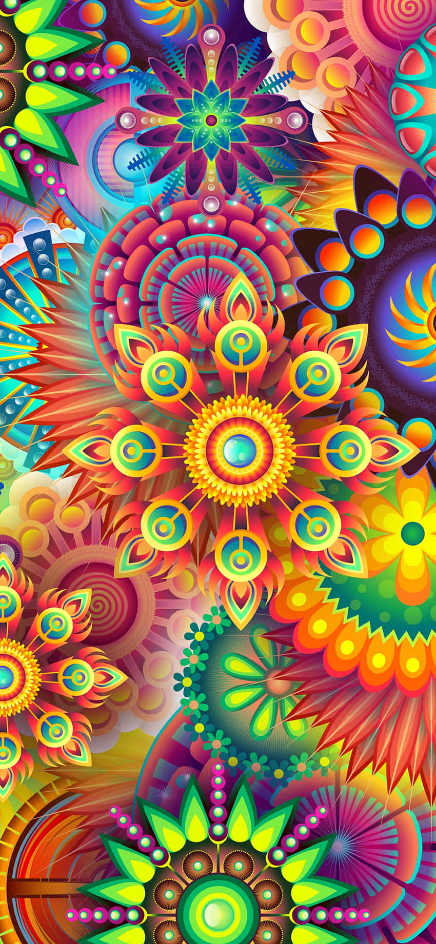 充滿活力的數位藝術作品，帶有色彩繽紛的幾何花朵和漩渦圖案。