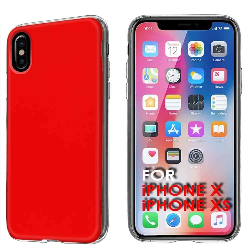 適用於iPhone X和iPhone Xs的紅色手機殼，手機屏幕開啟時展示。