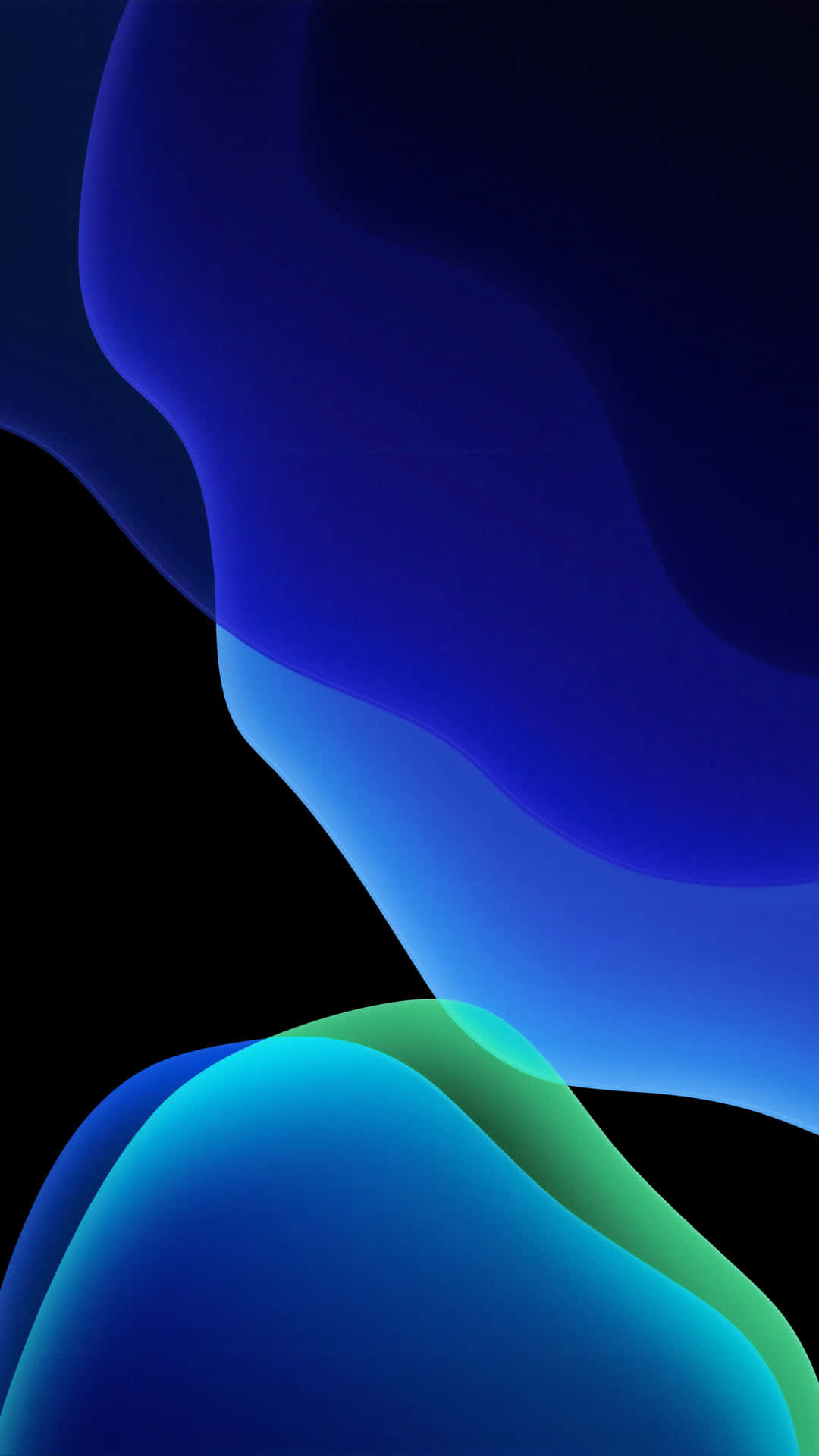 iPhone XS Max 展示抽象藍色_blob 壁紙 — 平滑發光的藍色和藍綠色抽象波浪在深黑色背景上流動。