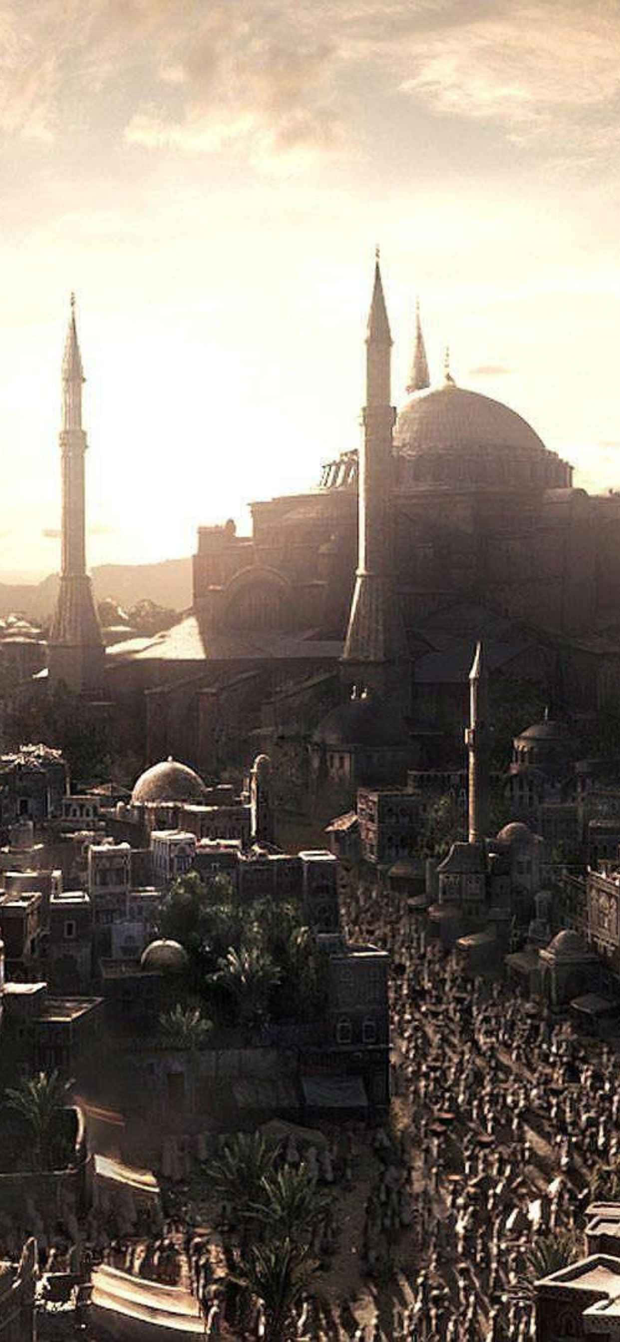 用 iPhone Xs Max 同 Civilization V 體驗前所未有嘅策略 壁紙 — 夕陽沐浴著一個繁華的歷史城市景觀，以一座擁有圓頂和宣禮塔的宏偉清真寺為主，周圍環繞著密集的人群和傳統建築。