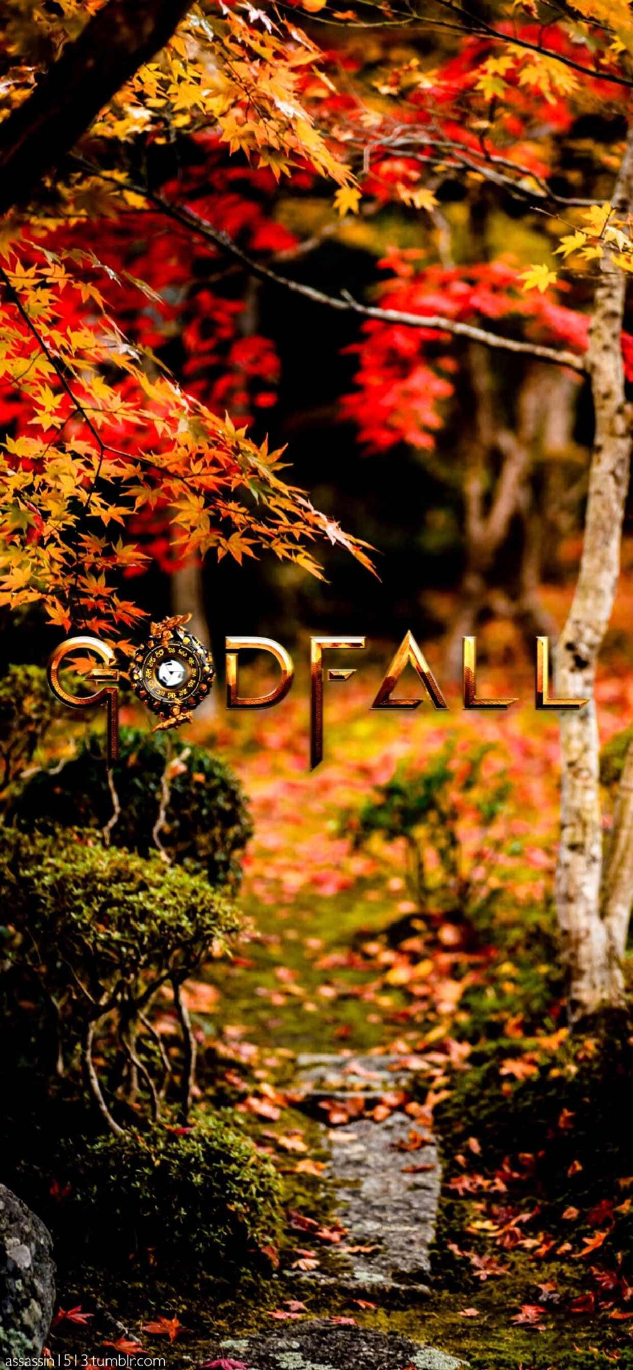 iPhone XS Max《Godfall》楓葉標誌背景 壁紙 — 一條蜿蜒的石徑穿過充滿活力的秋日森林，頭頂是火紅和橙色的楓葉，以及金色字體的Godfall字樣。
