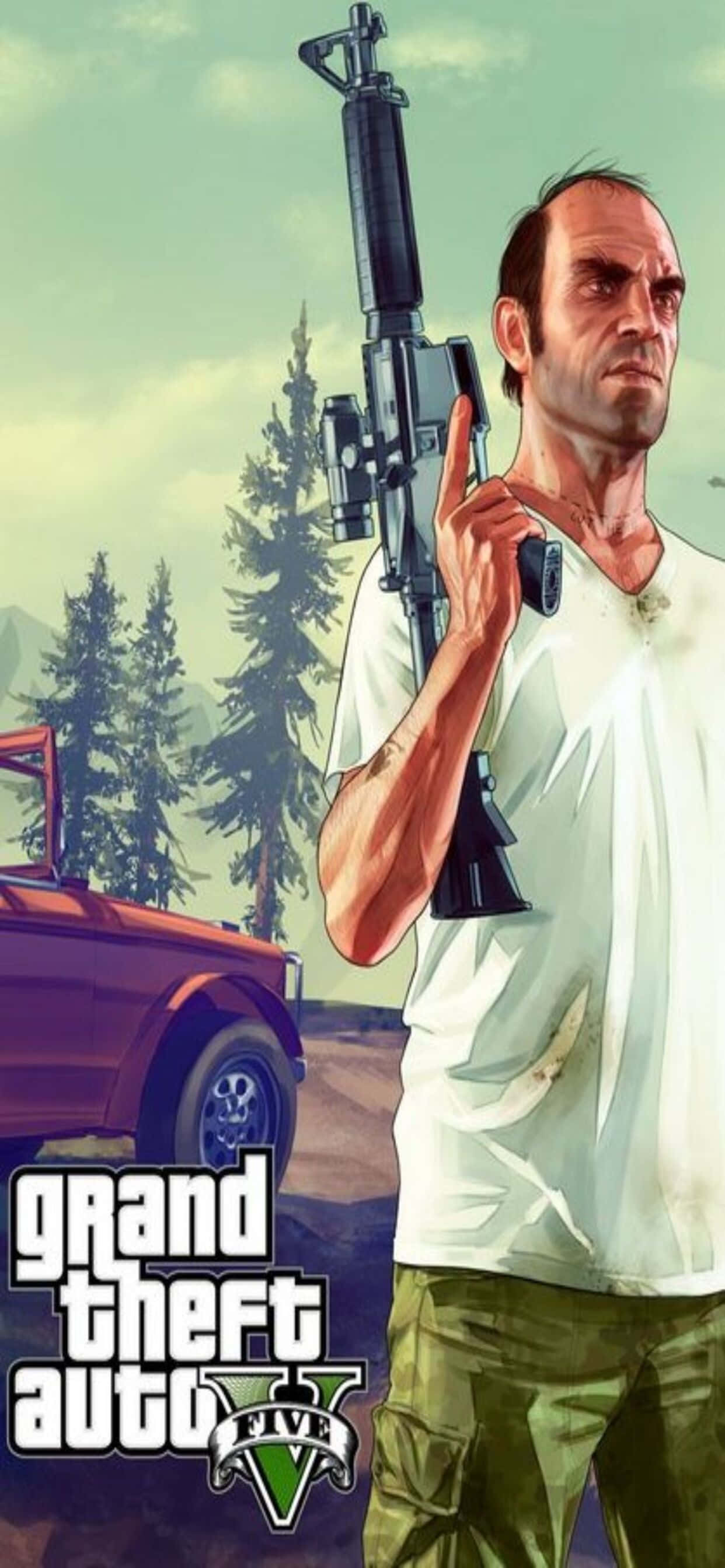 iPhone XS Max《GTA V》特雷弗持槍畫面 壁紙 — 一名身穿白恤衫的男子在蒼白天空下的森林地區，手持步槍站在一輛紅色汽車旁。