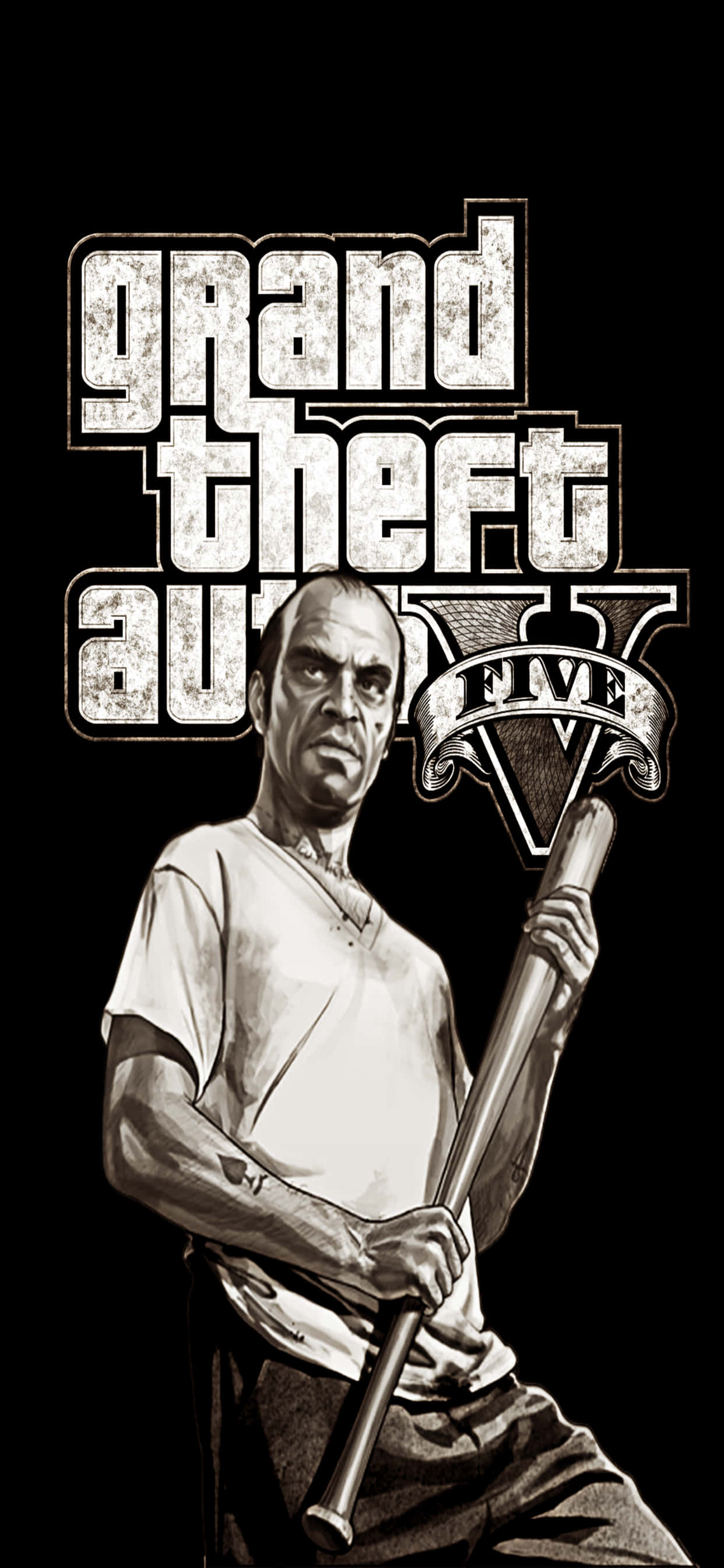 iPhone XS Max《GTA V》特雷弗持棒壁紙 壁紙 — 一幅粗糙的黑白插圖，描繪一個肌肉發達的男人手持棒球棍，上方有 Grand Theft Auto V 標誌。