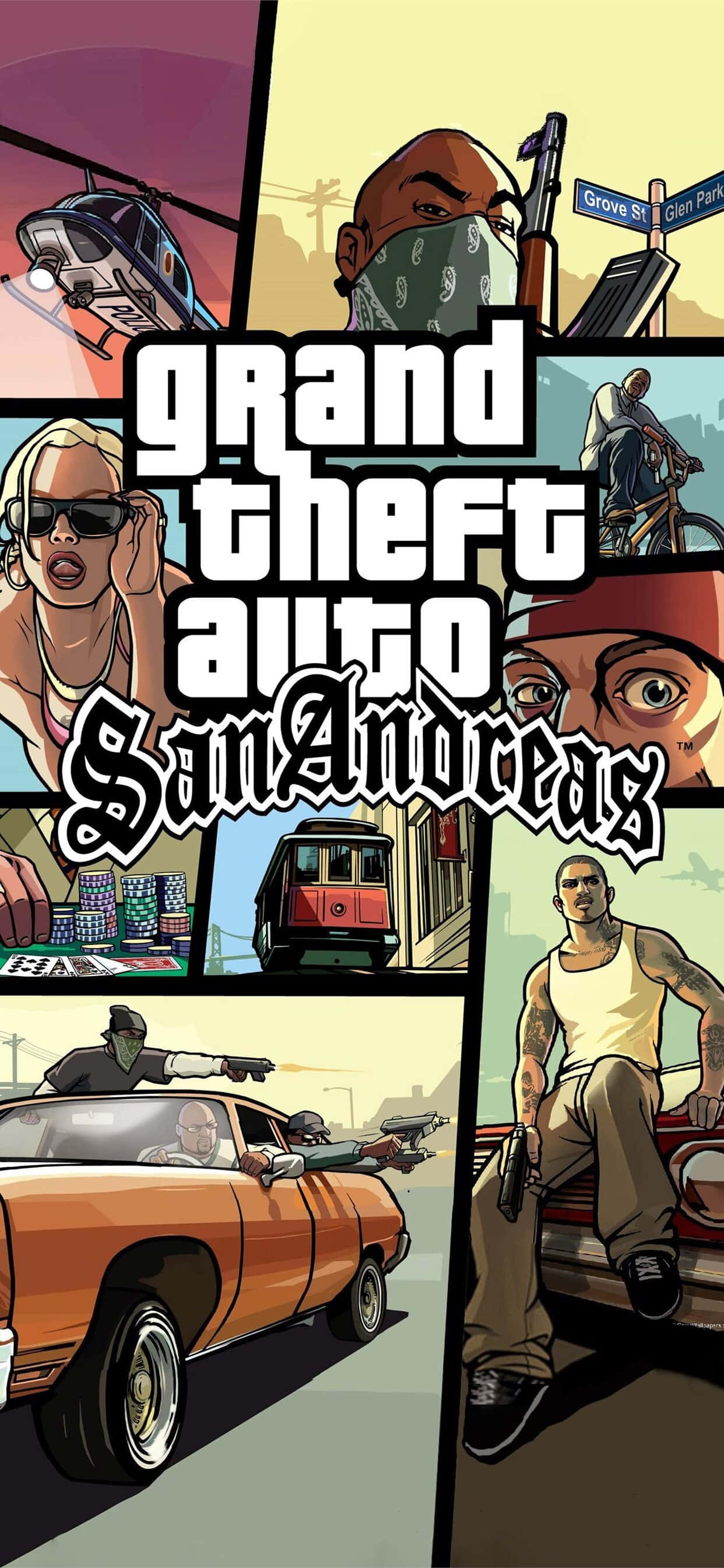 iPhone XS Max《GTA V》聖安地列斯海報背景 壁紙 — 《俠盜獵車手：聖安地列斯》充滿活力的漫畫風格拼貼畫，以鮮豔色彩呈現角色、汽車和城市場景。