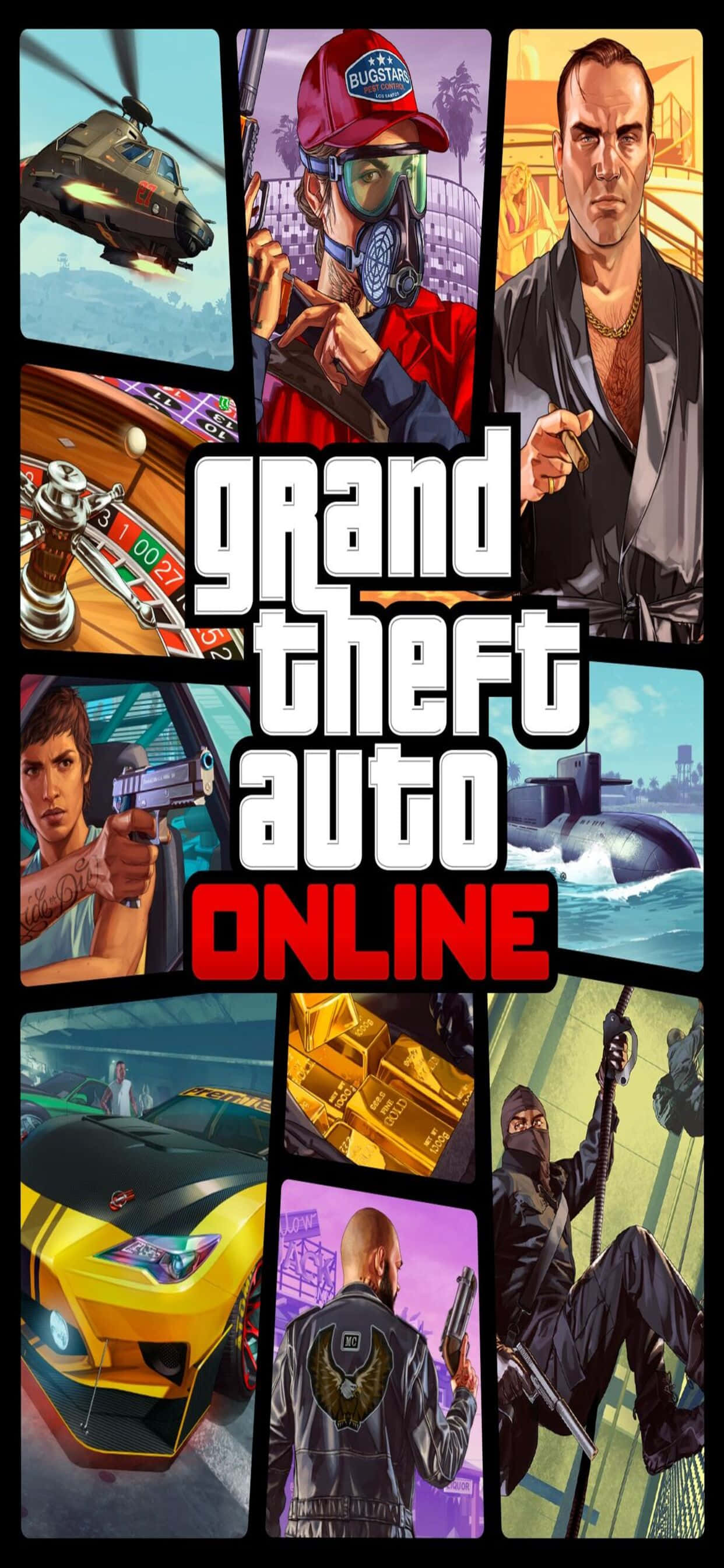iPhone XS Max《GTA V》GTA Online海報壁紙 壁紙 — 一幅《俠盜獵車手Online》場景的拼貼畫，包含角色、載具以及 gritty 城市環境中的動作時刻。