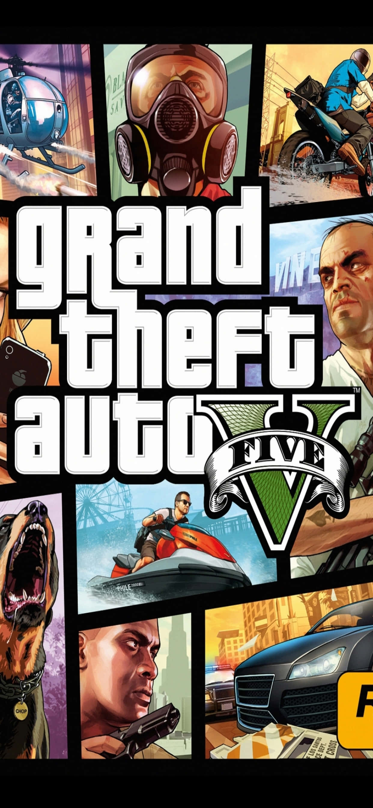 iPhone XS Max《GTA V》背景：照片拼貼海報 壁紙 — 《俠盜獵車手V》場景的鮮明拼貼，展示角色、車輛和武器，呈現 gritty 的都市動作。