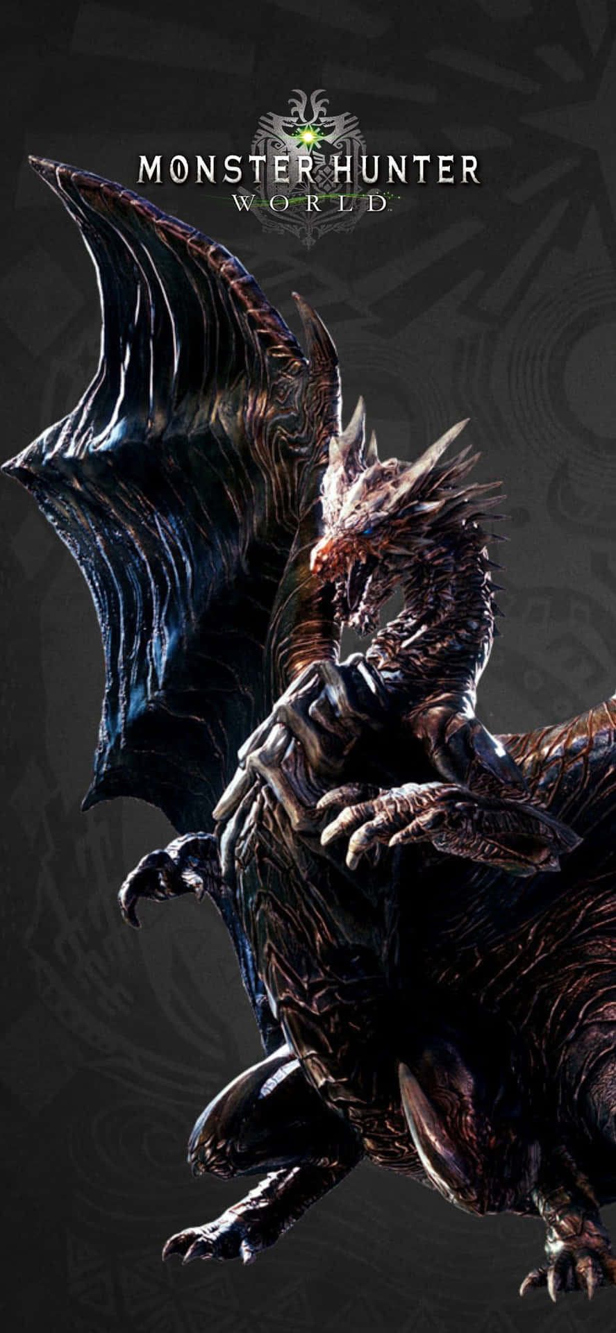 來自 Monster Hunter World 的兇猛黑暗巨龍，帶有尖刺翅膀和發光眼睛。