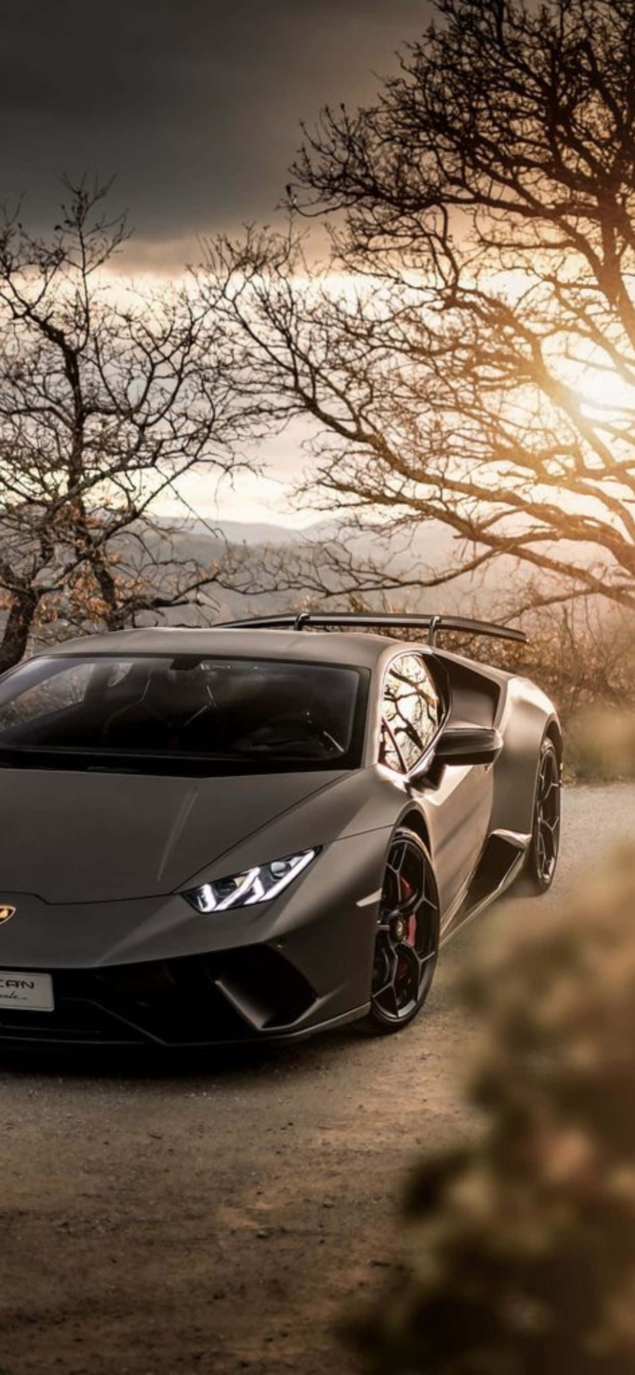 iPhone XS Max Lamborghini 灰色Huracan背景 壁紙 — 一輛啞光灰色的林寶堅尼Huracan停泊在泥路上，樹木光禿，金色夕陽光線穿過樹枝。