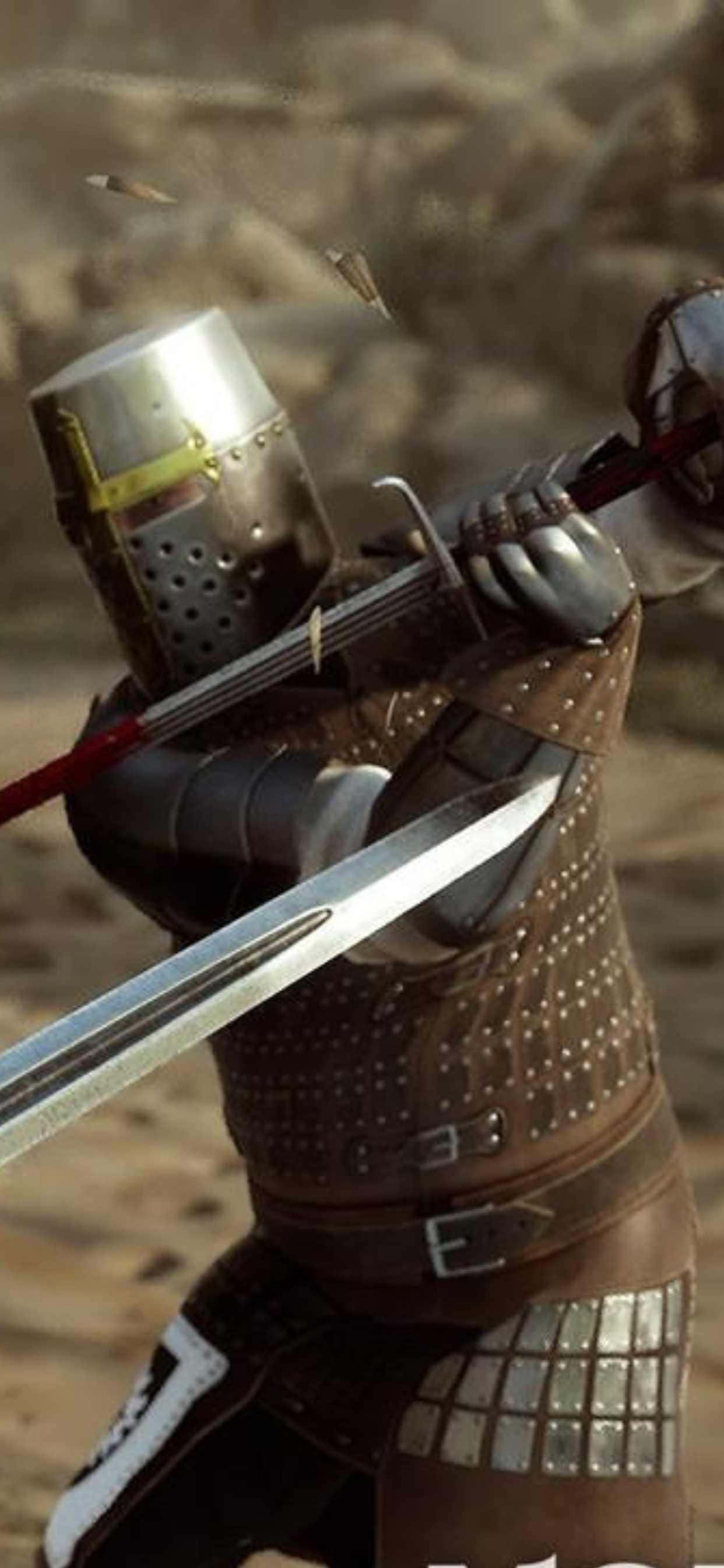iPhone Xs Max Mordhau 背景 壁紙 — 一位身穿精細盔甲的騎士，在模糊的岩石背景下激烈揮劍。