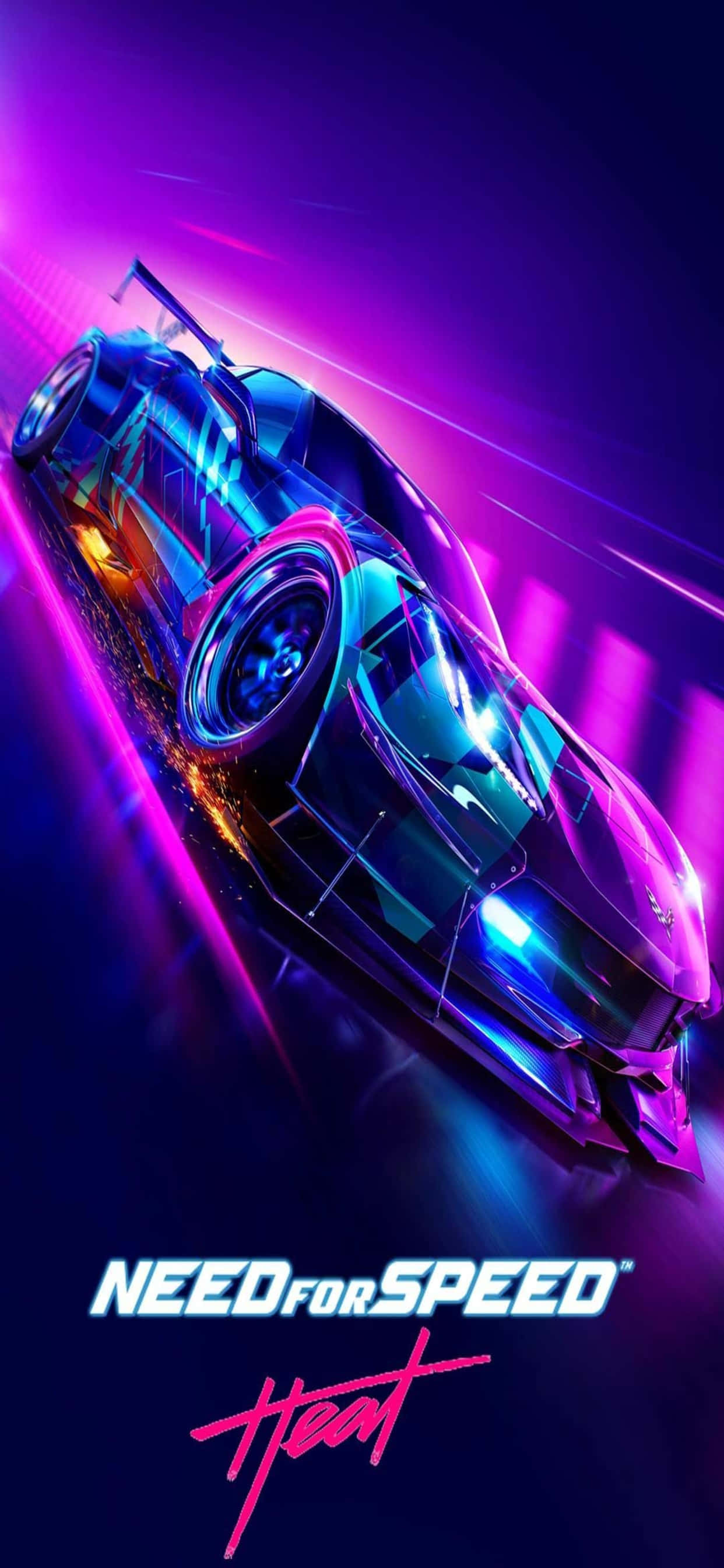 iPhone XS Max《Need for Speed Heat》霓虹車款背景 壁紙 — 一輛未來主義賽車在霓虹燈照亮的夜晚滑行，紫色和藍色的發光軌跡掠過。
