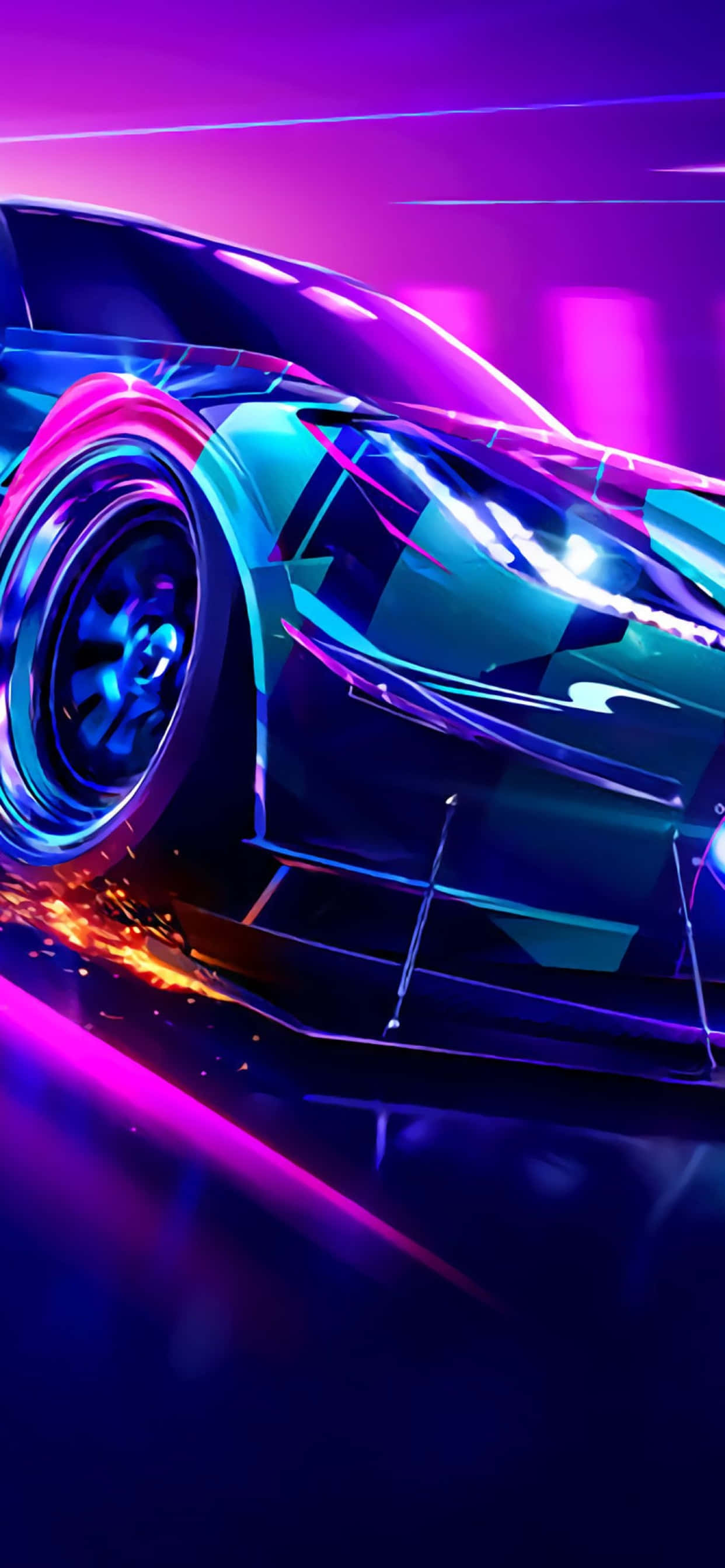 iPhone XS Max 《Need for Speed Heat》劇烈賽車場景背景 壁紙 — 一輛時尚的未來主義跑車在霓虹燈閃爍的街道上滑行，帶有發光的紫色和藍色點綴，車輪後拖曳著熾熱的火花。