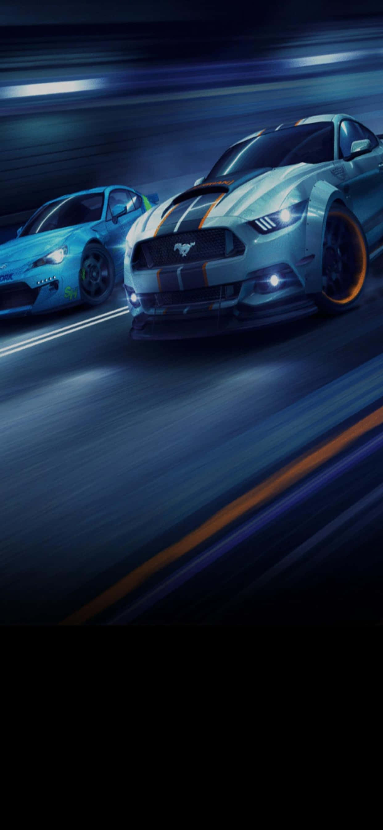 iPhone XS Max《Need for Speed Heat》燃燒速度體驗 壁紙 — 兩輛高速跑車在夜間競速，動態模糊在發光車頭燈下掠過。