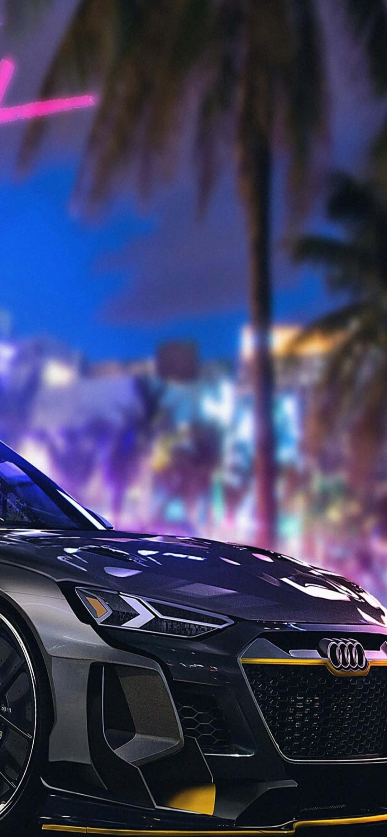 iPhone XS Max《Need for Speed Heat》Audi R8 背景 壁紙 — 一輛時尚的黑色奧迪跑車在霓虹燈下閃閃發光，背景是棕櫚樹和充滿活力的城市景觀。