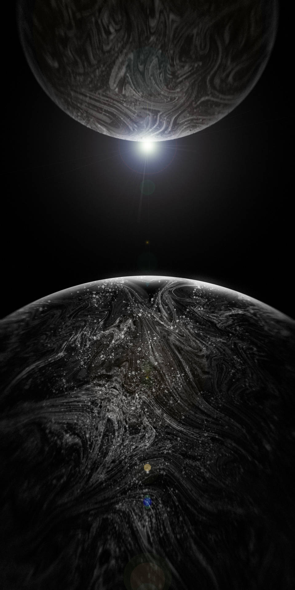 兩顆帶有發光城市燈光的黑暗旋轉行星圍繞一顆明亮的恆星運行。