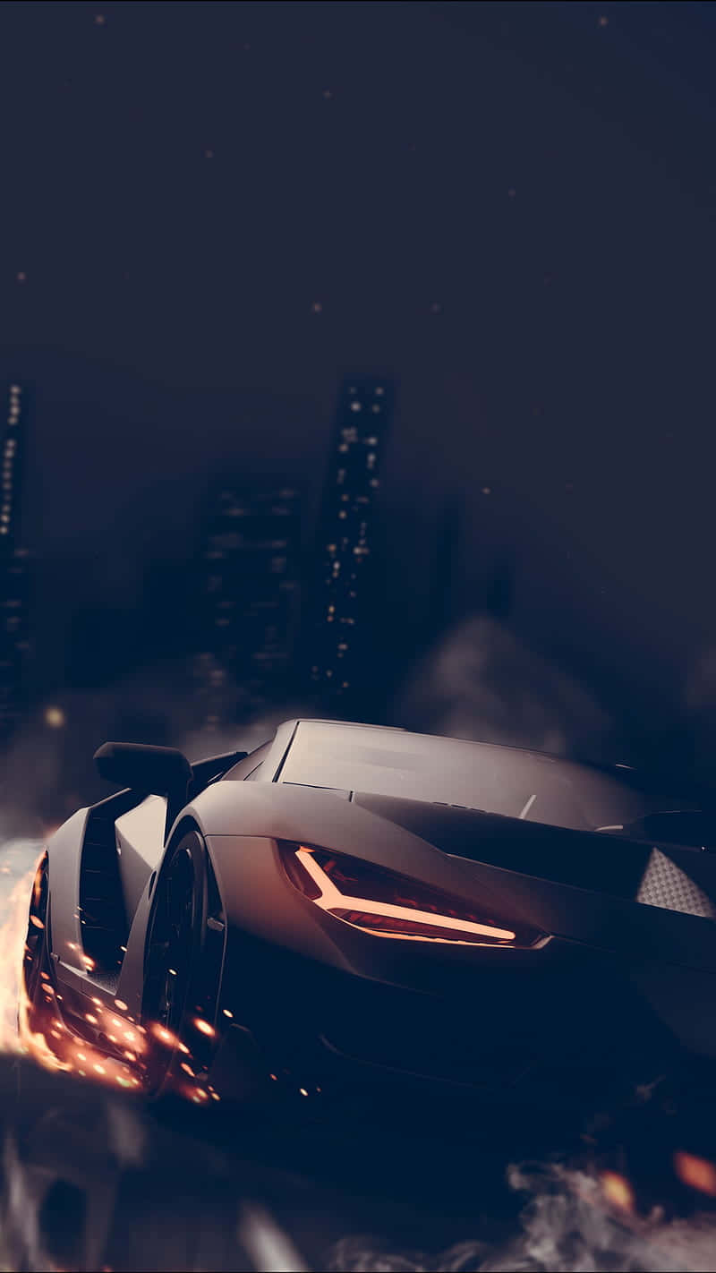 iPhone XS Max Project Cars 2 磨砂黑蘭博基尼背景 壁紙 — 一輛時尚的黑色跑車，帶有發光的橙色車頭燈，在煙霧瀰漫的城市夜晚中疾馳，背景是模糊的城市燈光。