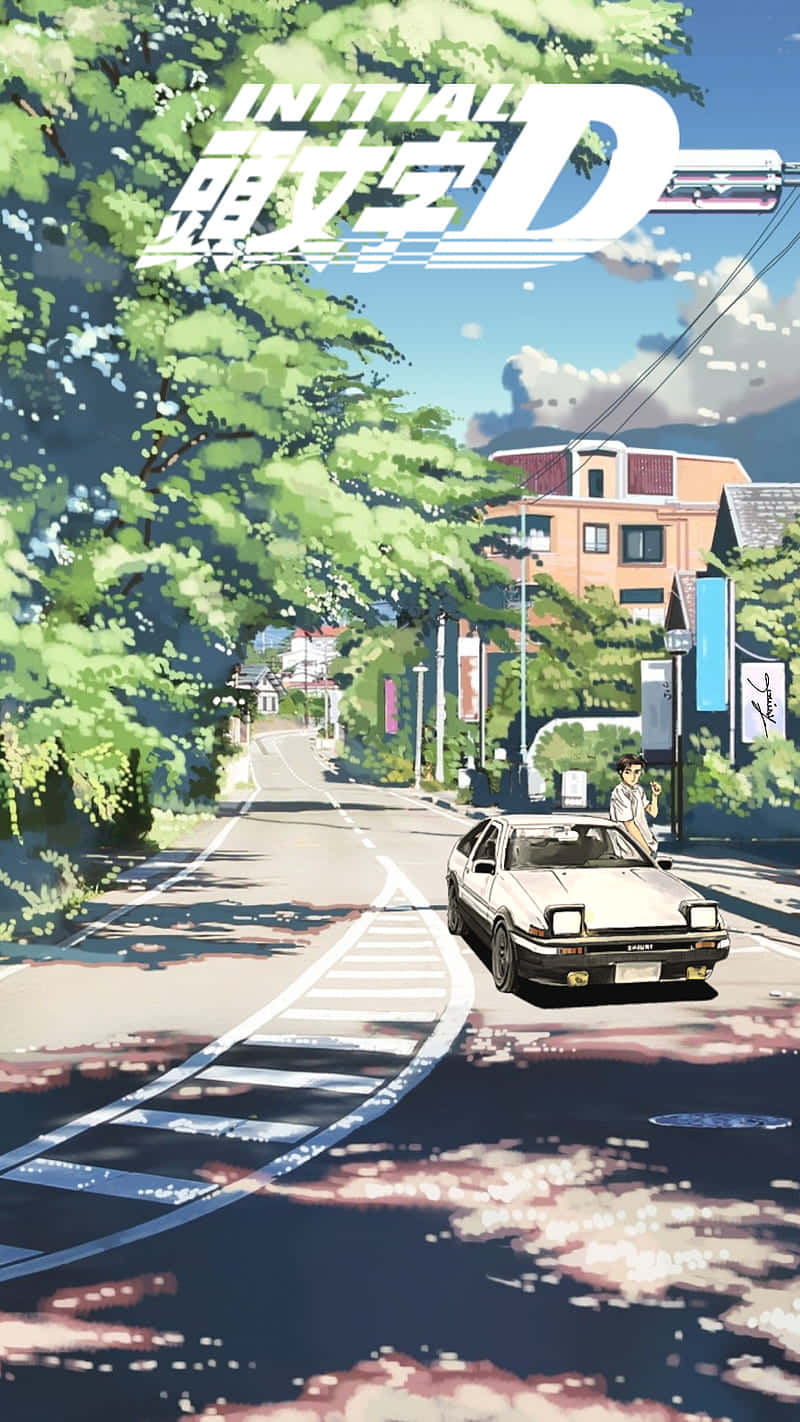 動畫汽車在明亮的藍天下，在綠樹成蔭的郊區街道上飄移。