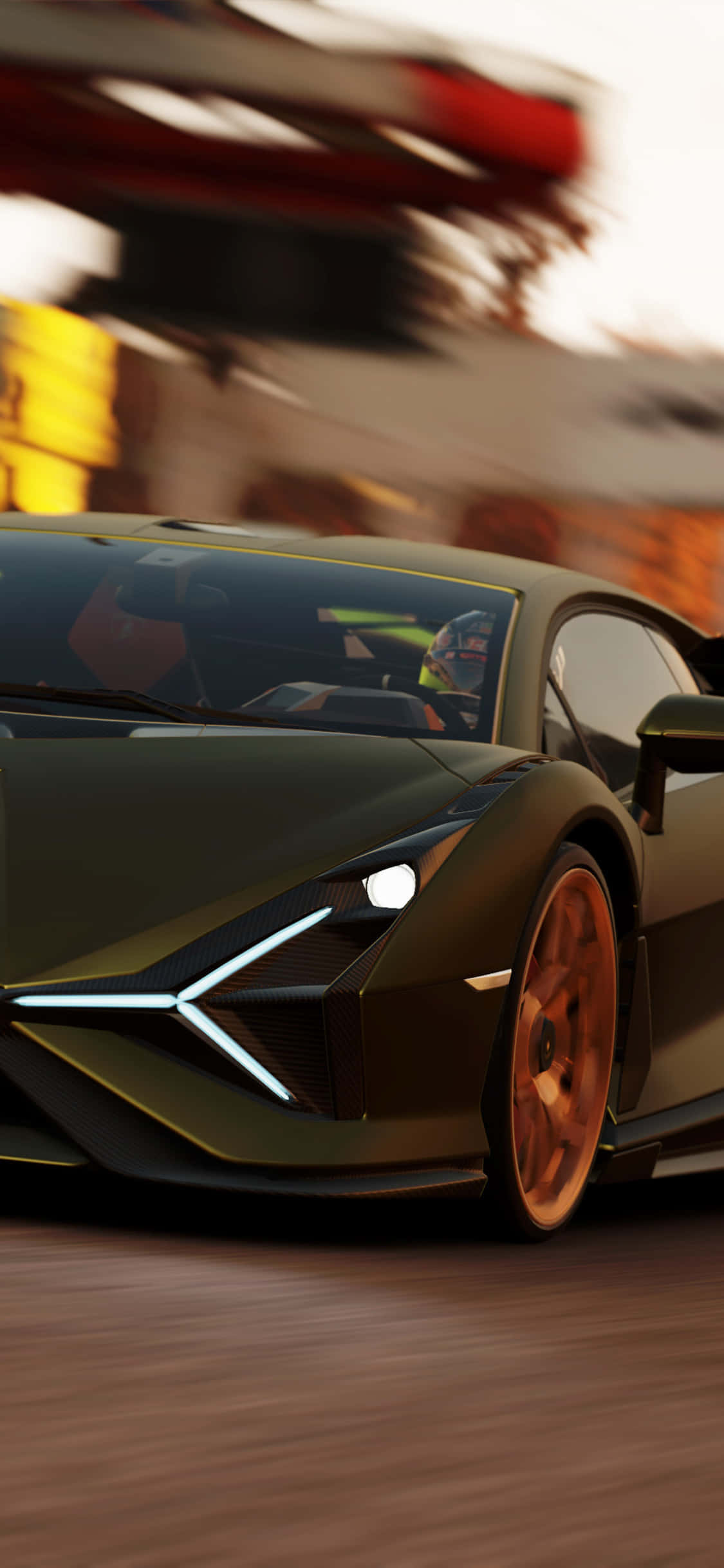 iPhone XS Max Project Cars 2 黑色蘭博基尼 Sián FKP 37 背景 壁紙 — 一輛時尚的深綠色跑車，配備發光車頭燈，高速駛過模糊的城市景色。