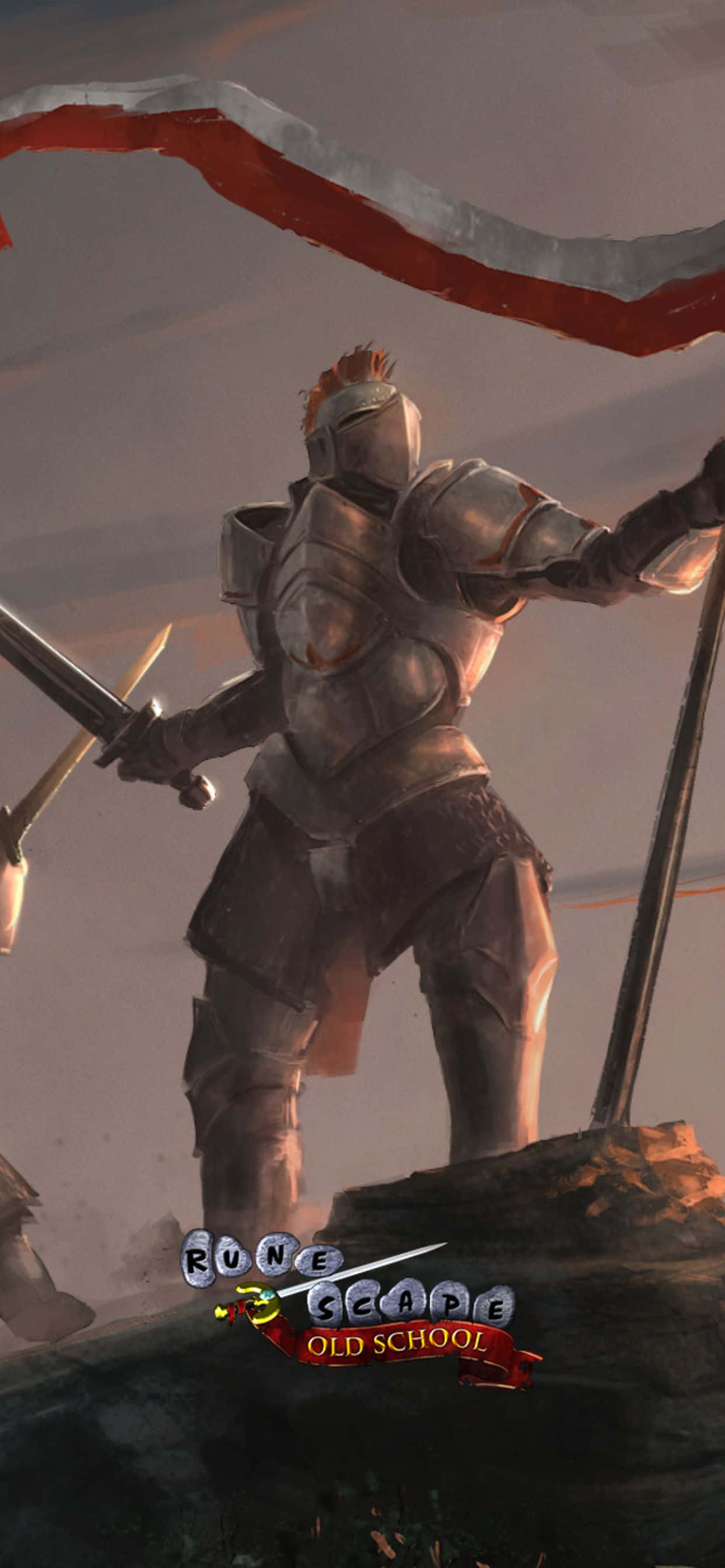iPhone XS Max 《RuneScape》經典角色：裝甲戰士肖像 壁紙 — 一位身穿精細銀色盔甲的騎士，在戲劇性的紅灰色天空下，站在岩石露頭上，揮舞著劍和盾牌，表現出挑釁的姿態。