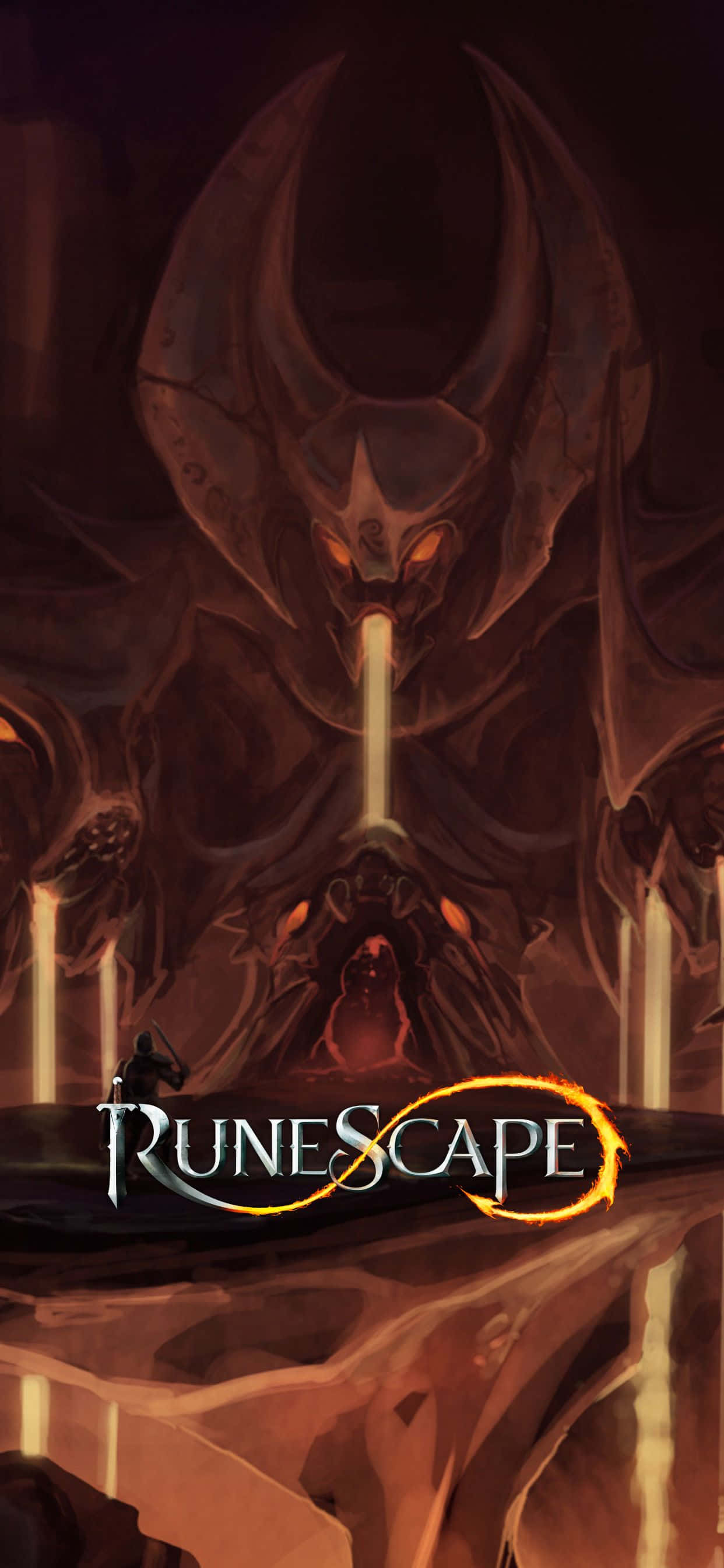 iPhone Xs Max Runescape 壁紙 — 一個高大的惡魔般的人物，有著發光的橙色眼睛和角，在黑暗的洞穴環境中籠罩著一個跪著的人物。
