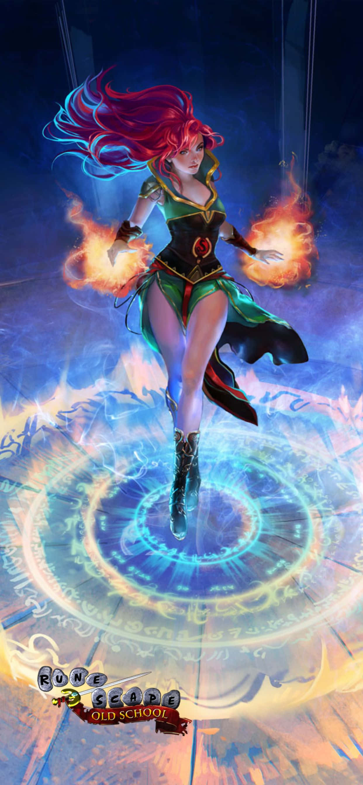 iPhone XS Max 《RuneScape》經典角色：艾莉安肖像 壁紙 — 一位火紅頭髮的魔法師，身穿綠色和黑色長袍，漂浮在發光的藍色符文圈上方，雙手揮舞著火焰，背景是黑暗神秘的。