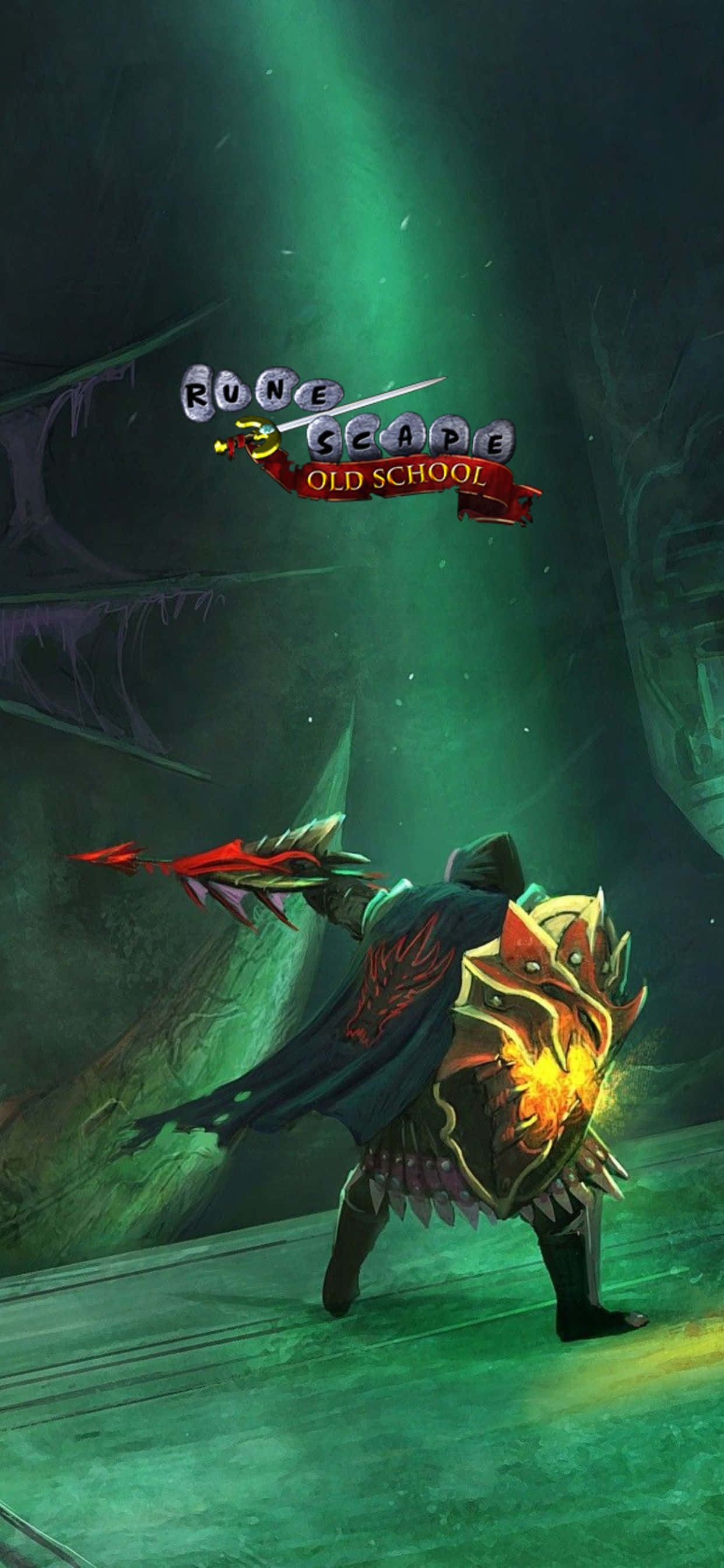 iPhone XS Max 《RuneScape》經典綠色主題壁紙 壁紙 — 一名身穿發光盔甲和披風的戰士準備就緒，站在深綠色地牢中，上方有RuneScape Old School標誌。