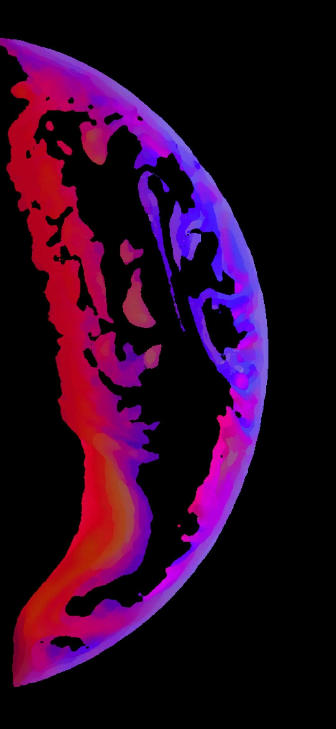 iPhone XS Max 抽象霓虹紅紫 壁紙 — 一個充滿活力的抽象新月行星在漆黑的虛空中散發出火紅和電紫的光芒。