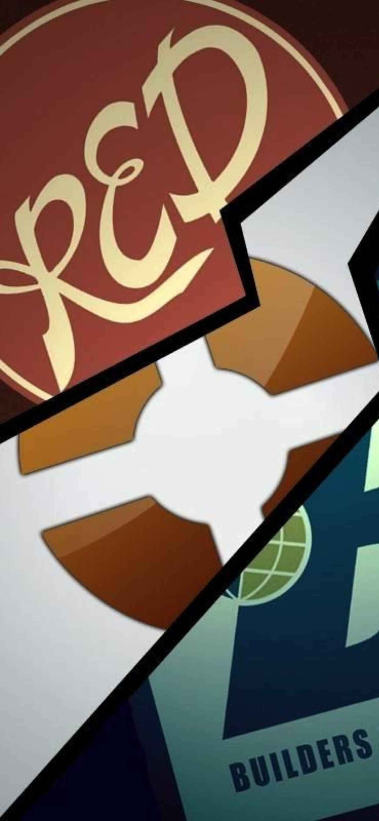 拼貼 iPhone Xs Max Team Fortress 2 背景 壁紙 — 大膽的幾何標誌碎片，以風格化字體在棱角分明的色塊上呈現「R&D」和「BUILDERS」。