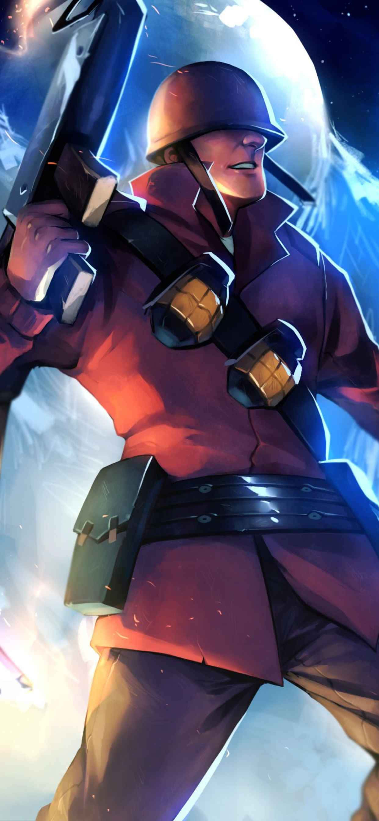 動畫紅色士兵 iPhone Xs Max Team Fortress 2 背景 壁紙 — 一名身穿紅色制服和頭盔的風格化士兵，在明亮的月亮背景下揮舞著發光的劍。